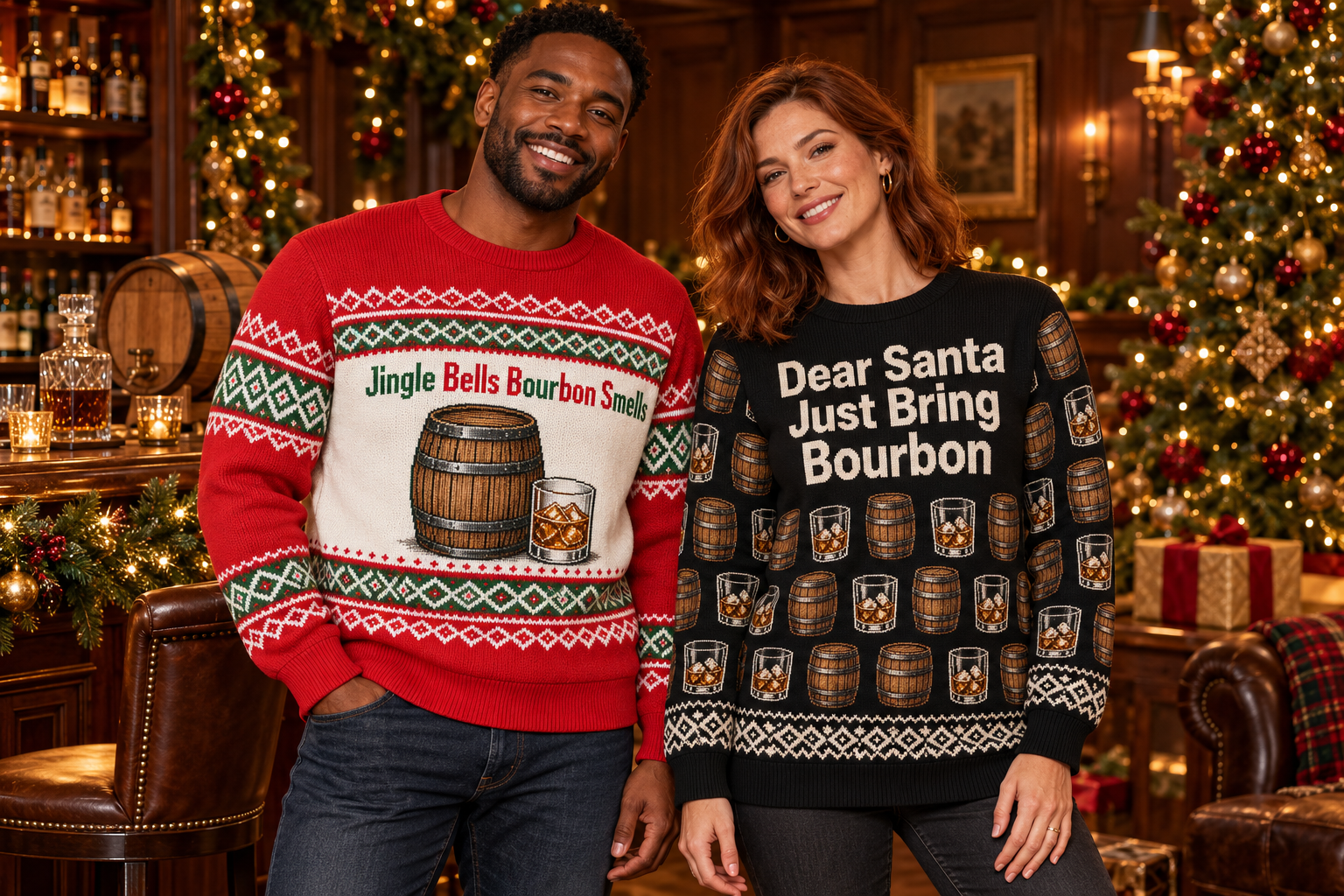 Two models wearing red Jingle Bells Bourbon Smells and black Dear Santa Just Bring Bourbon Christmas sweatshirts beside an oak bar and a glowing Christmas tree