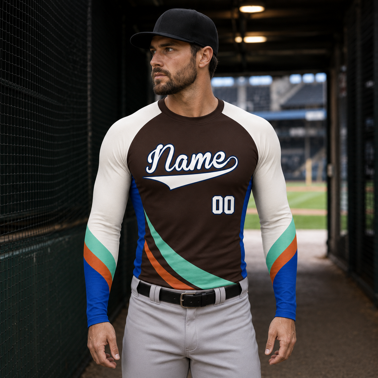 Curved Sash Brown Customizable Long Sleeve Compression Shirt