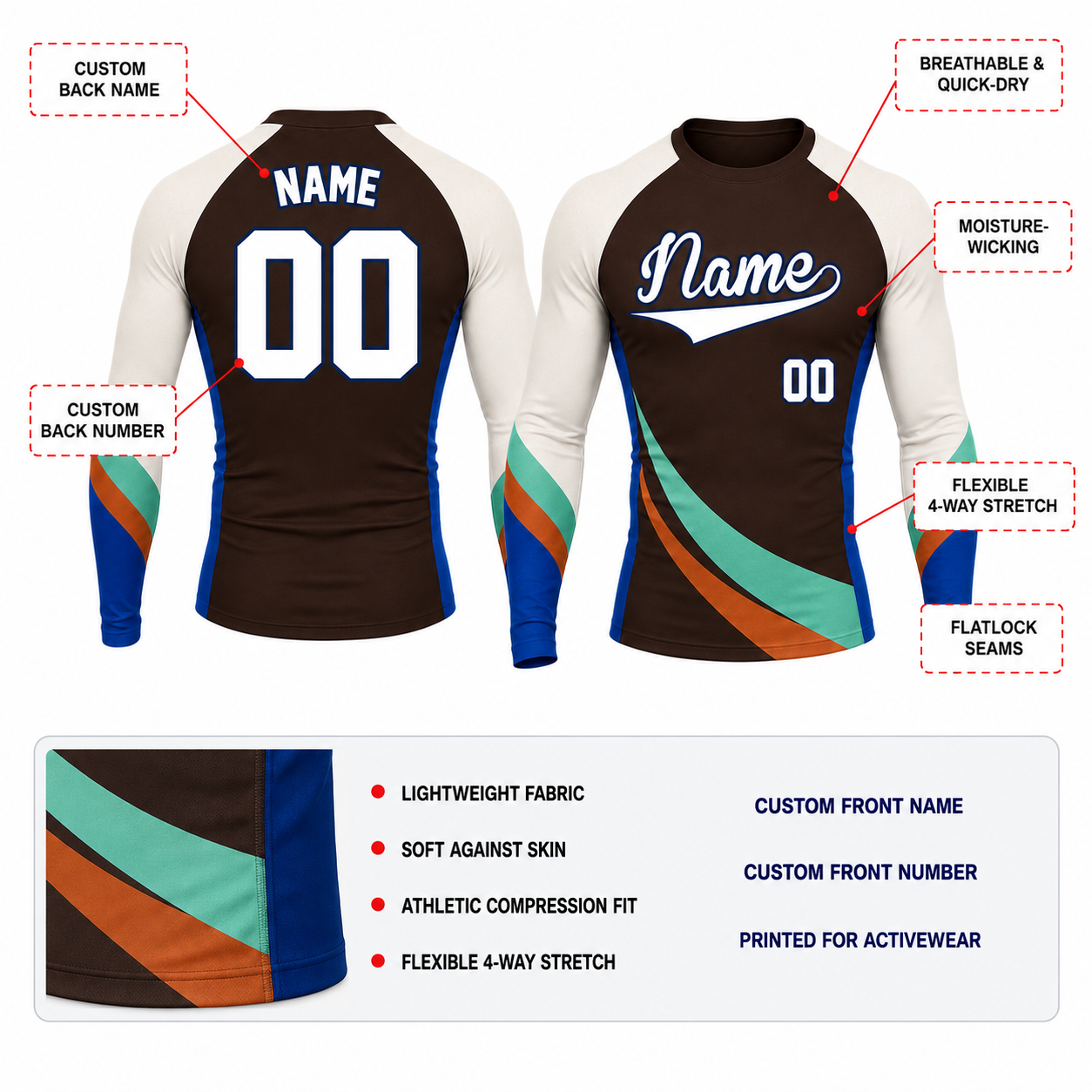 Curved Sash Brown Customizable Long Sleeve Compression Shirt