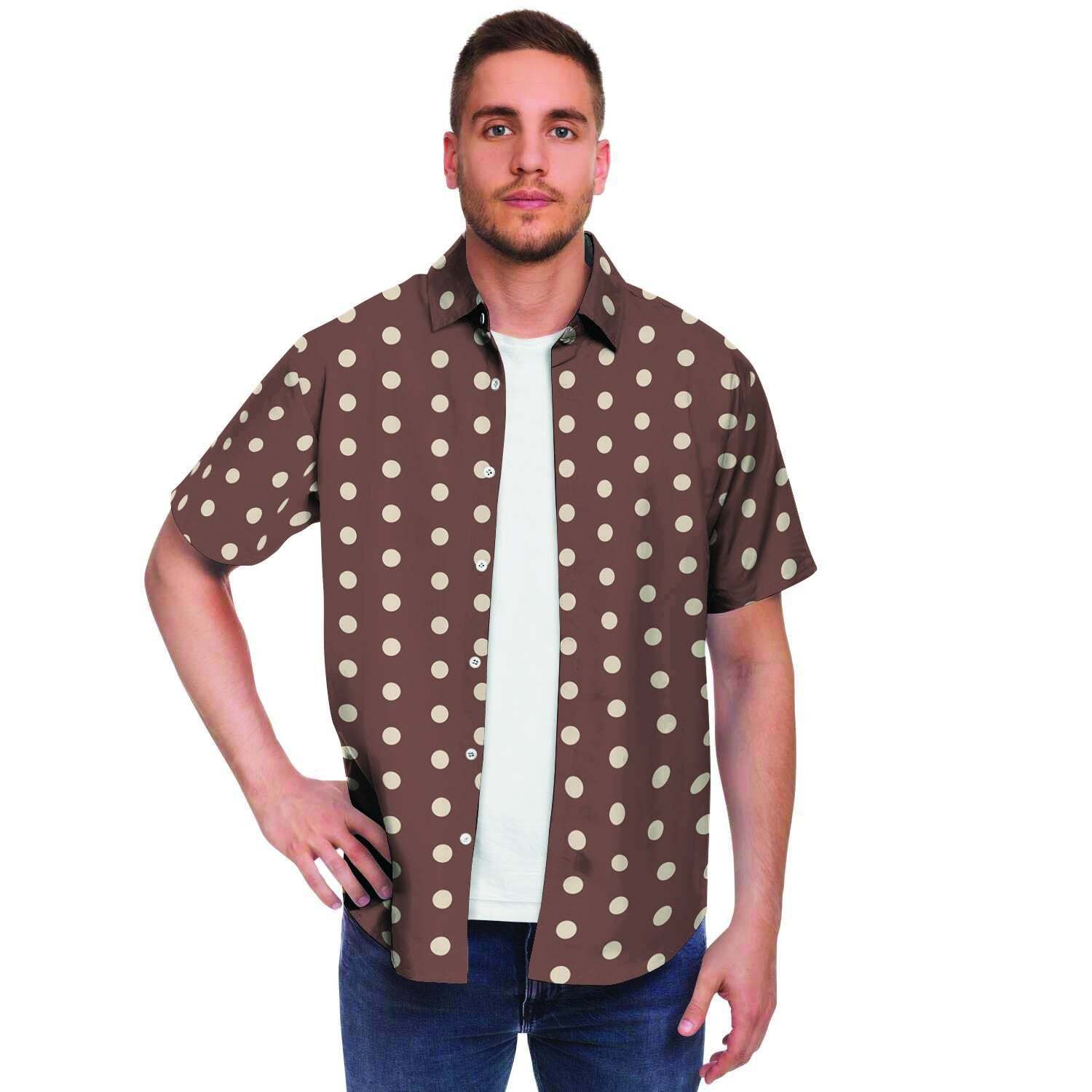 Brown Tiny Polka Dot Men Print Short Sleeve Button-Up Shirts