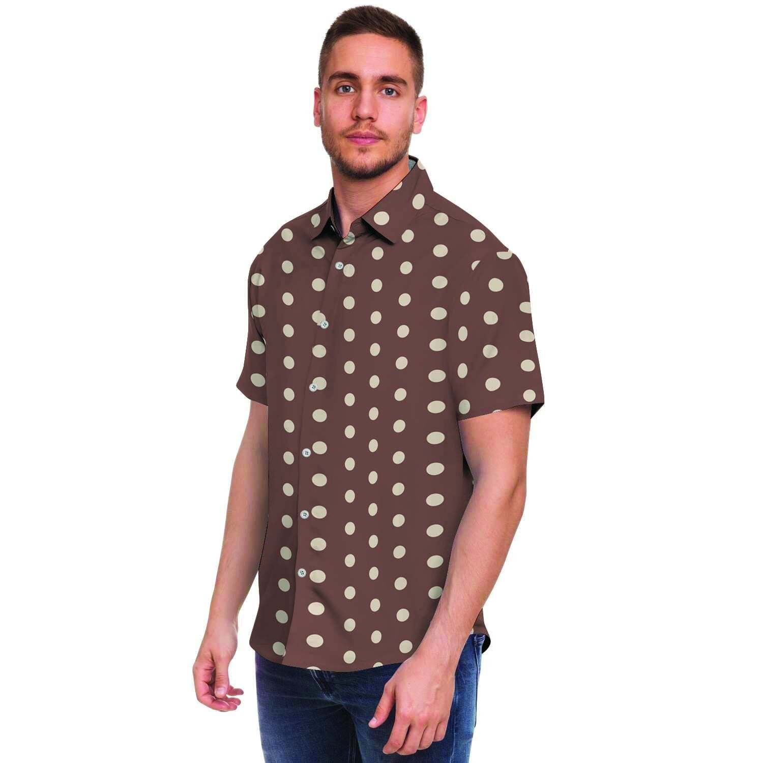 Brown Tiny Polka Dot Men Print Short Sleeve Button-Up Shirts
