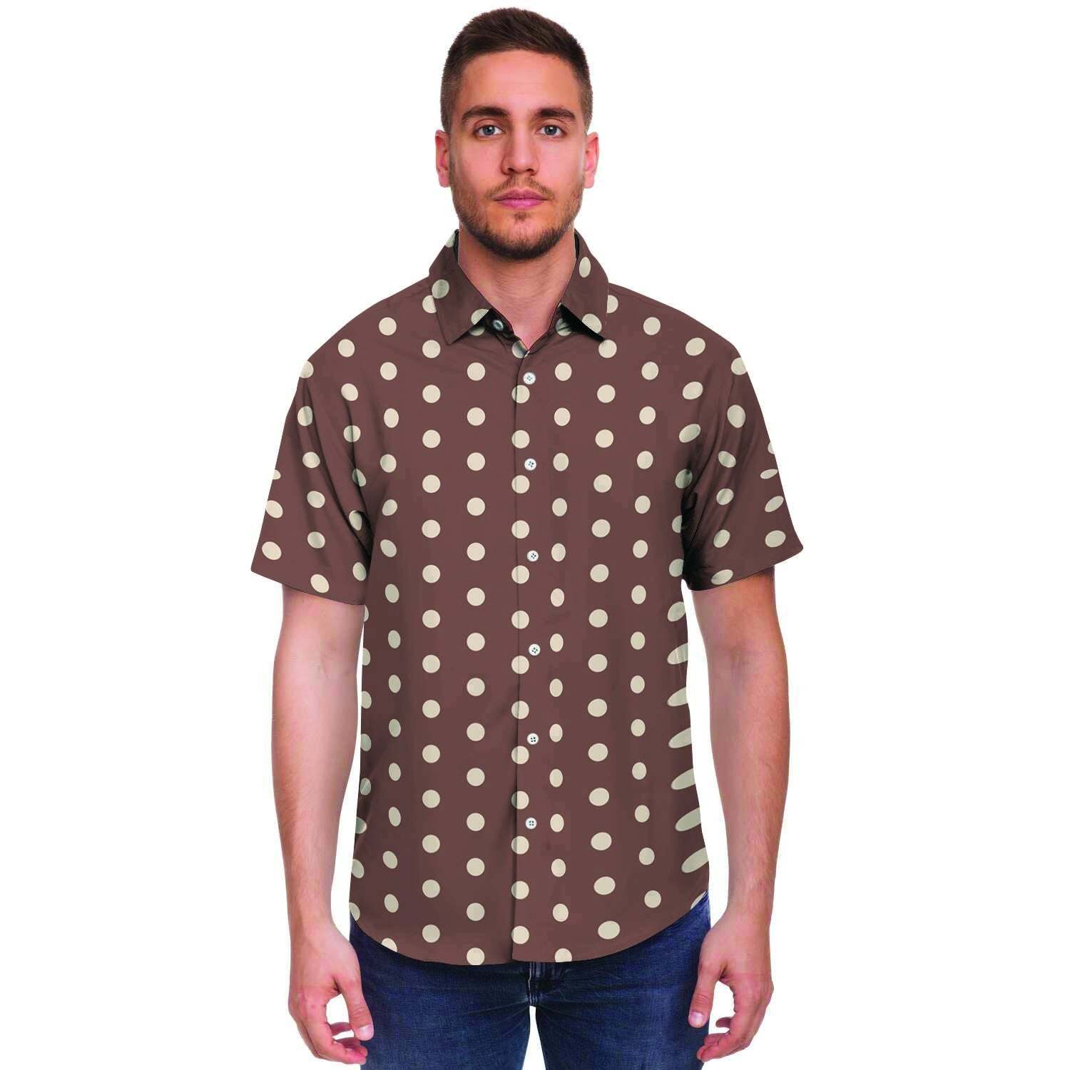 Brown Tiny Polka Dot Men Print Short Sleeve Button-Up Shirts