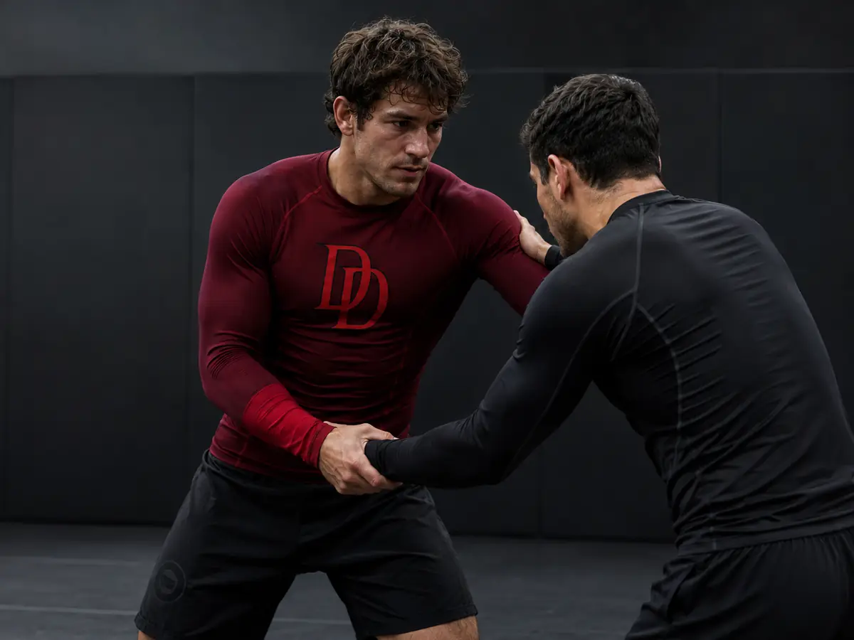 Two athletes training in burgundy and black long sleeve rash guards