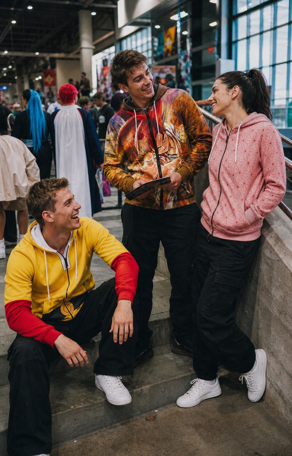 Friends wearing store anime hoodies at a convention