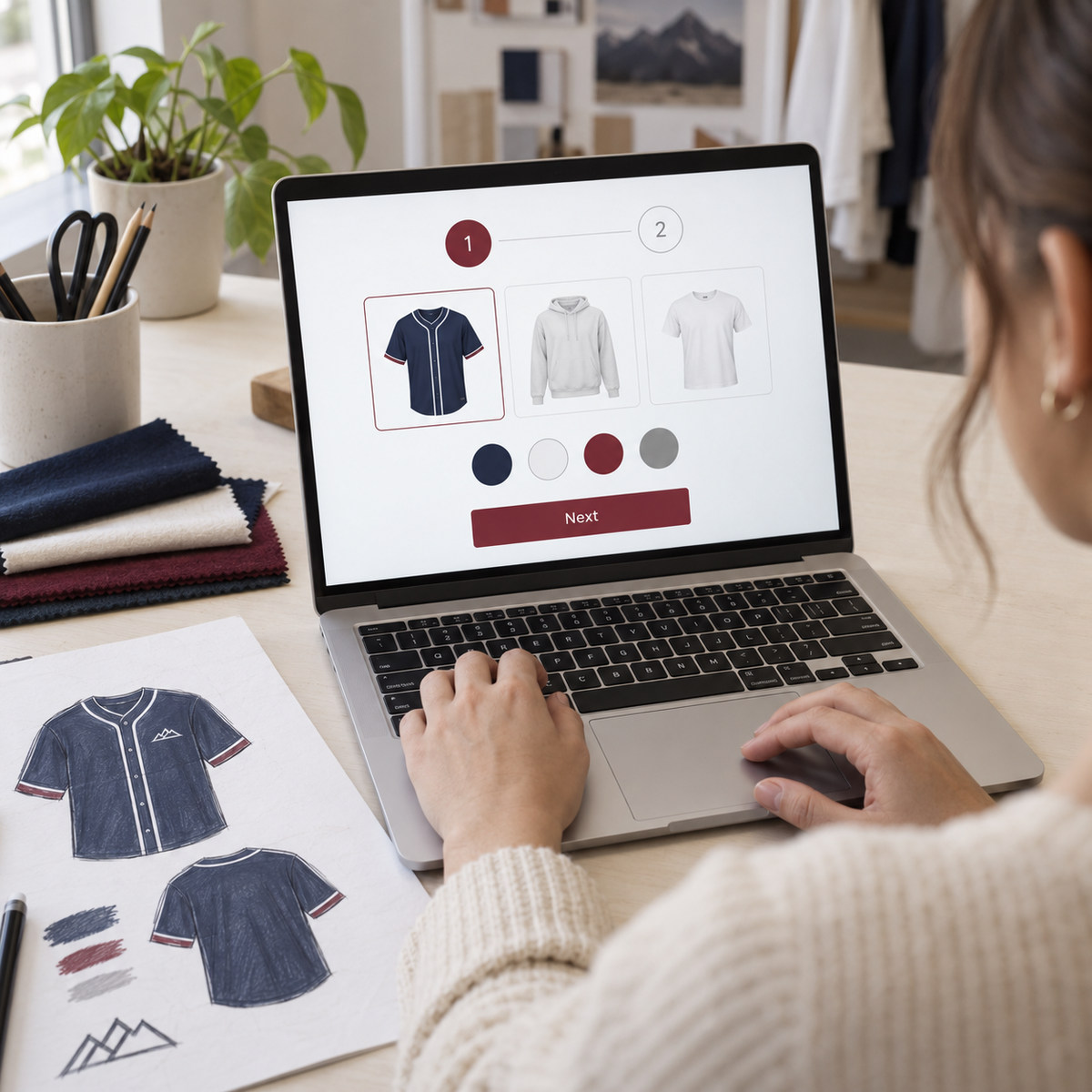 Designer completing a two-step customization form beside jersey sketches