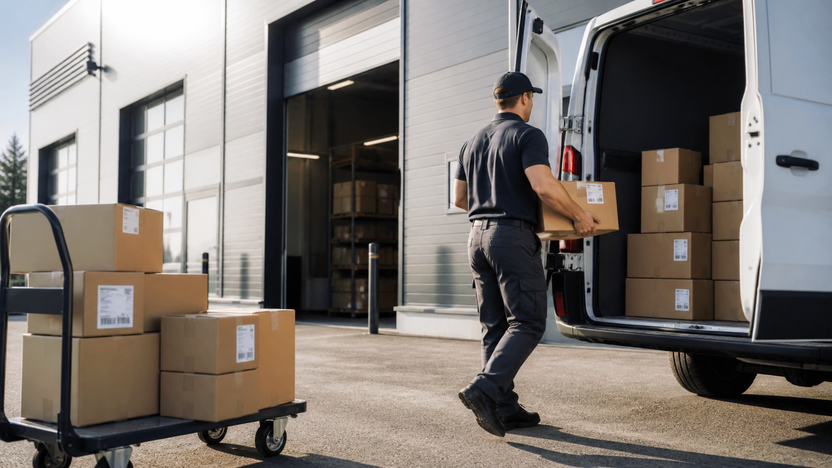 Sealed orders being loaded into a delivery van