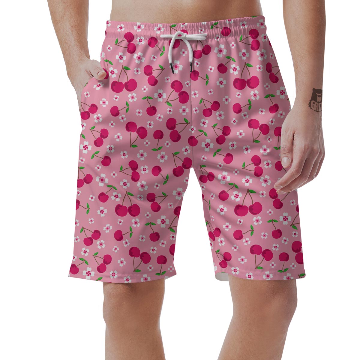 Cherry Floral Pattern Print Mens Beach Short
