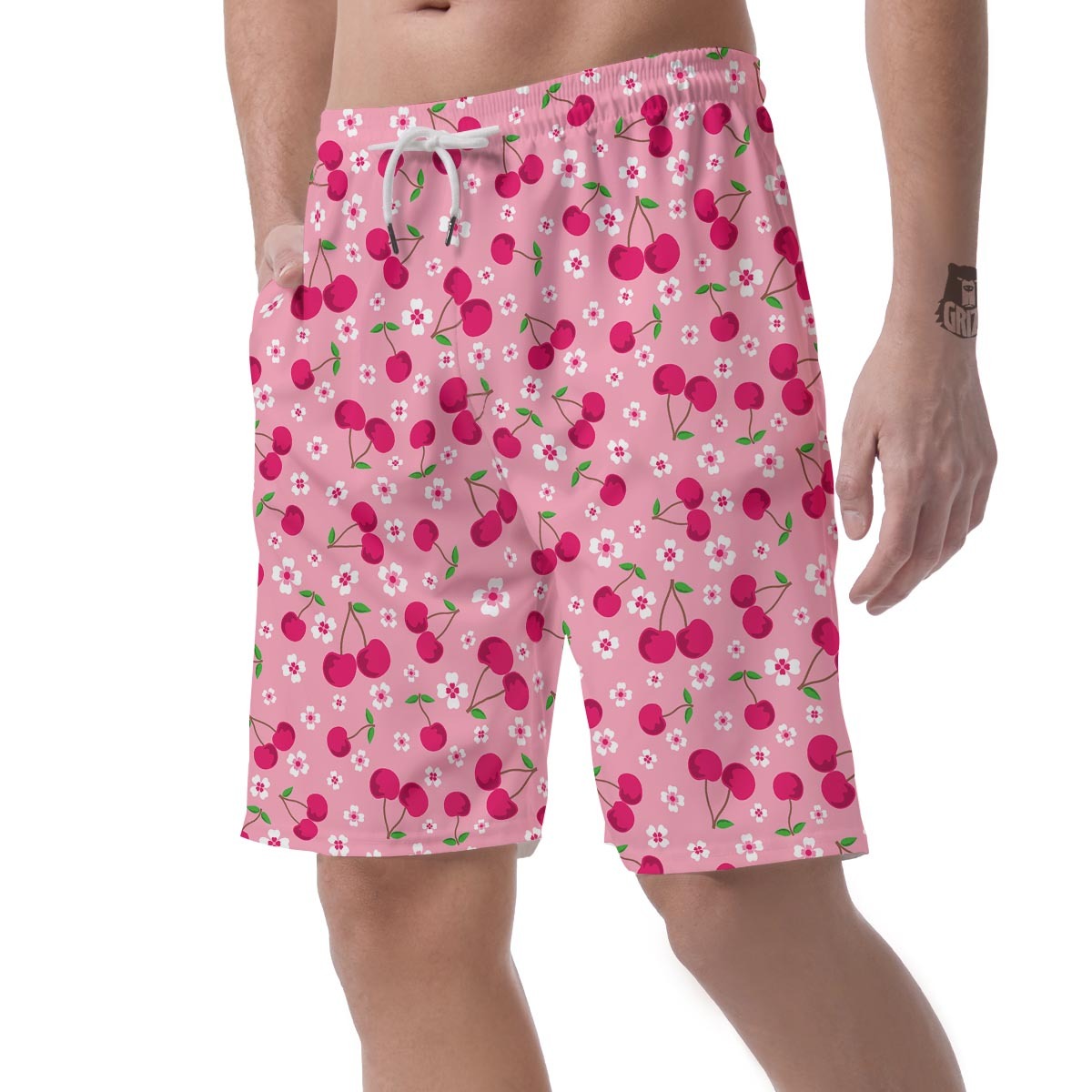 Cherry Floral Pattern Print Mens Beach Short