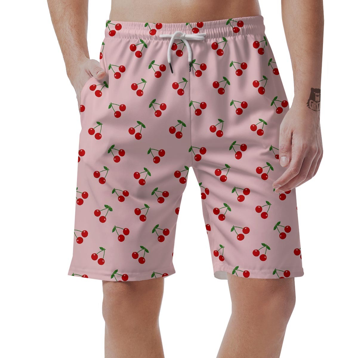Cherry Pink Pattern Print Mens Beach Short