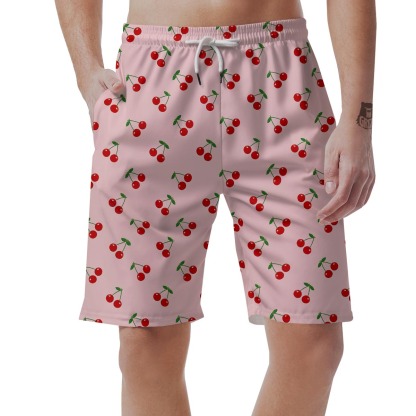 Cherry Pink Pattern Print Mens Beach Short