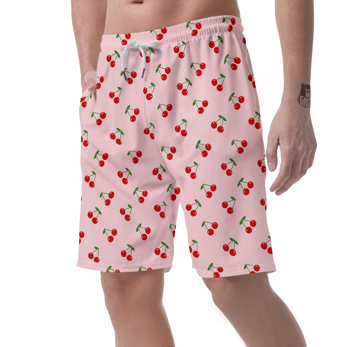 Cherry Pink Pattern Print Mens Beach Short