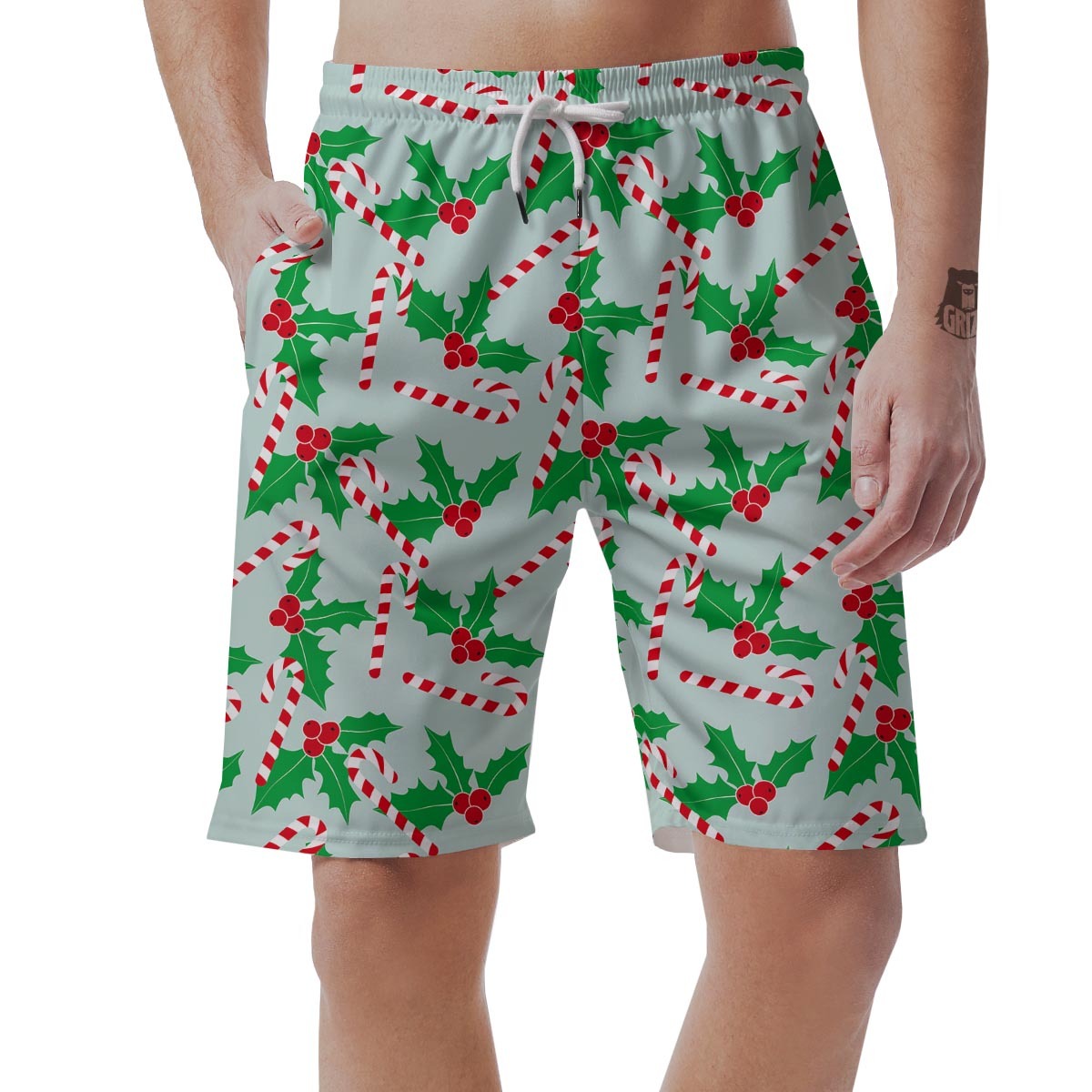 Christmas Cady Cane Pattern Print Mens Beach Short