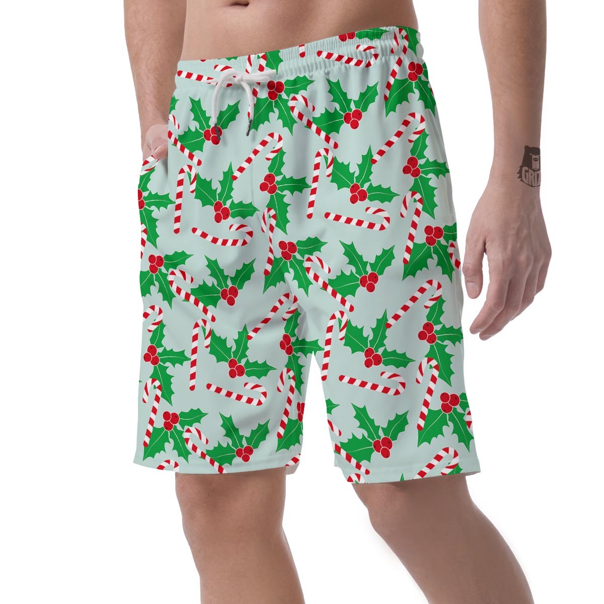 Christmas Cady Cane Pattern Print Mens Beach Short