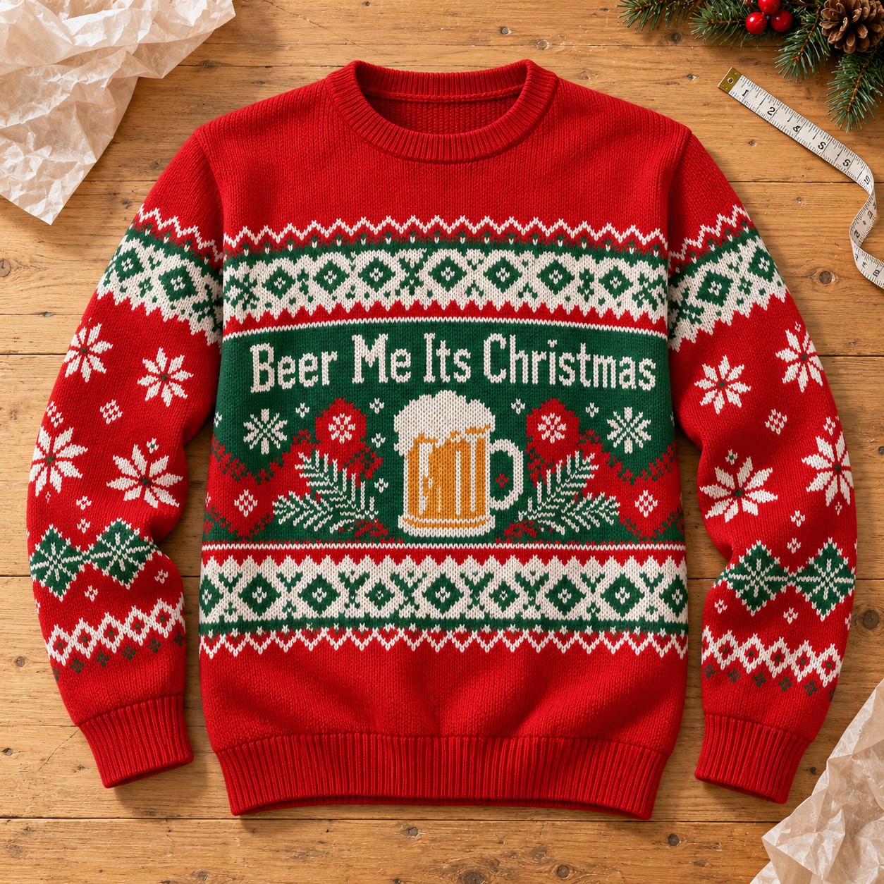 Illustrative finished Beer Me Its Christmas sweatshirt laid on a warm workshop table.