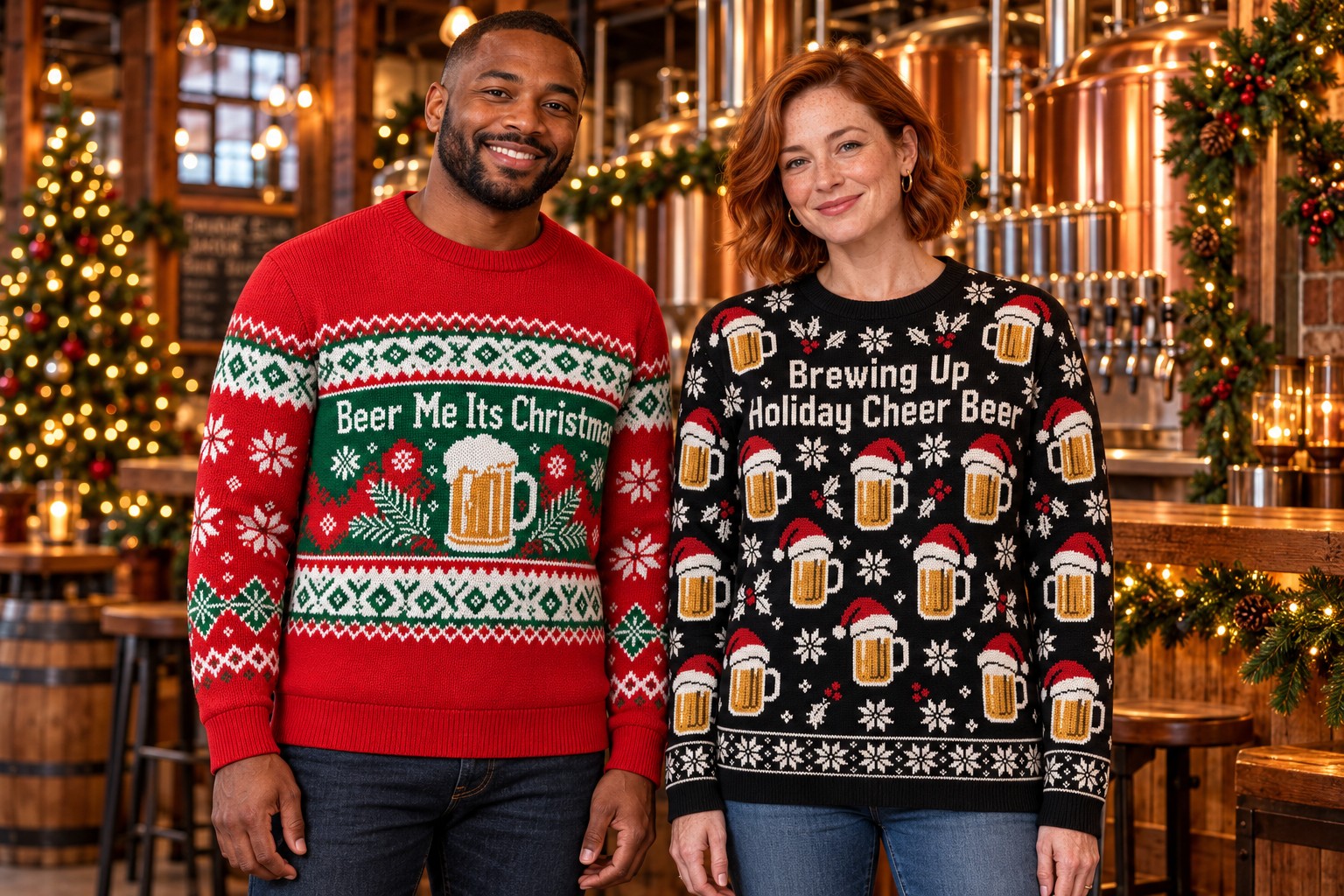 Two different adult models wear red and black craft beer Christmas sweatshirts in a pine-decorated brewery taproom.