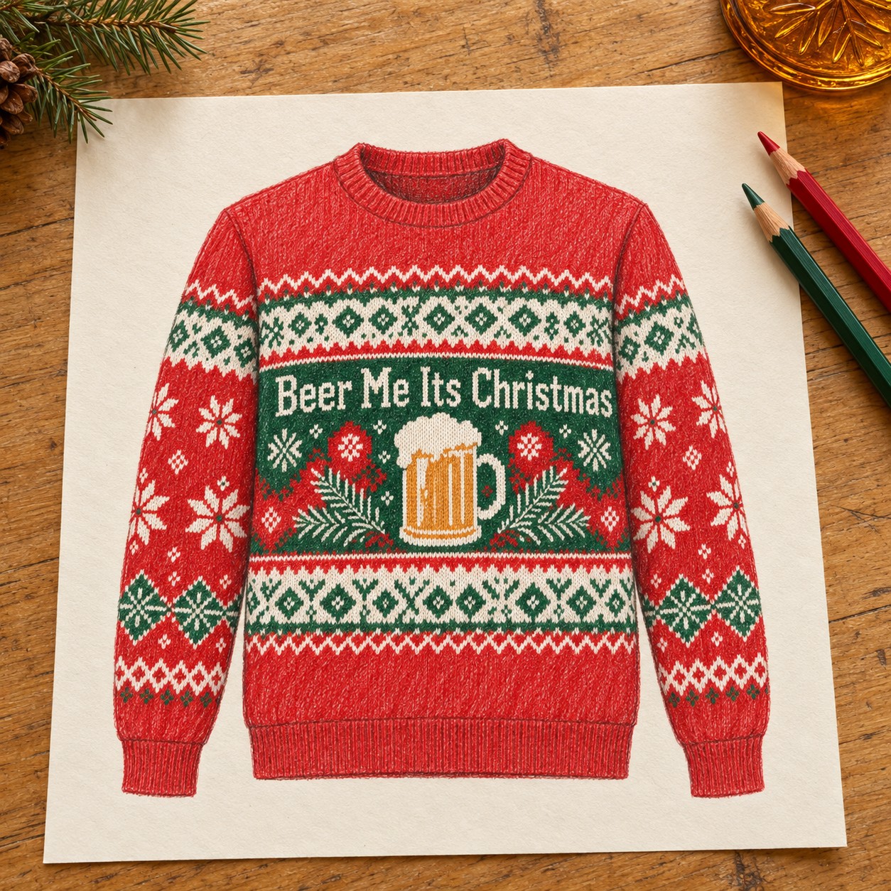 Illustrative colored-pencil customer concept for the red Beer Me Its Christmas sweatshirt.