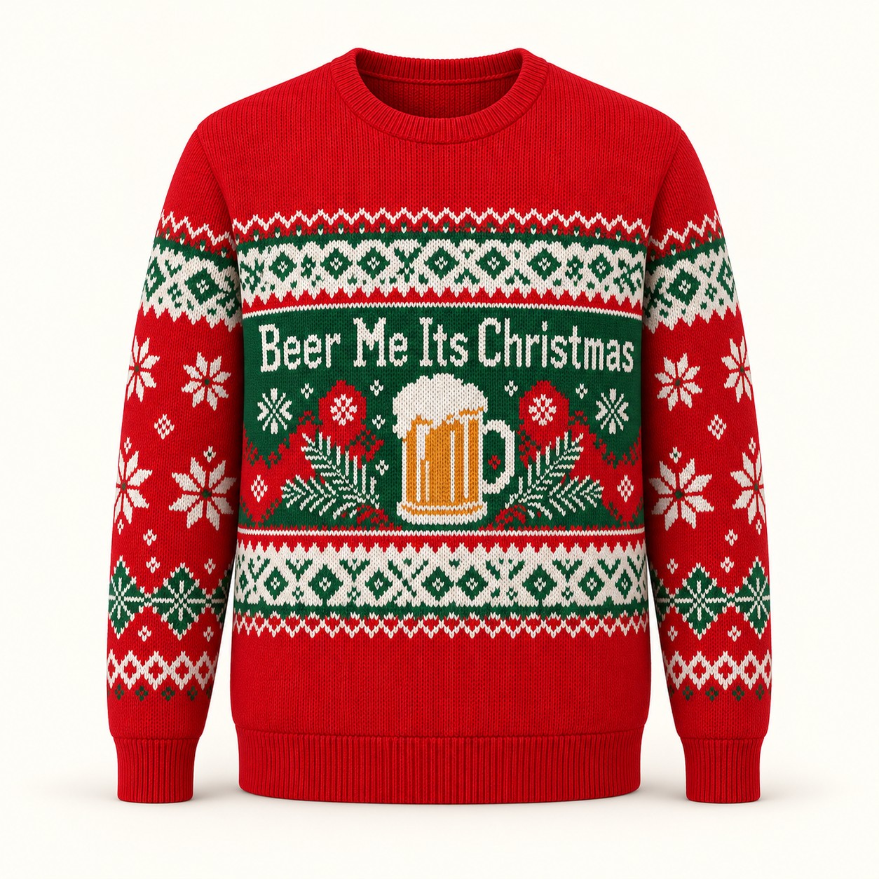 Illustrative digital approval mockup of the red Beer Me Its Christmas sweatshirt on ivory.