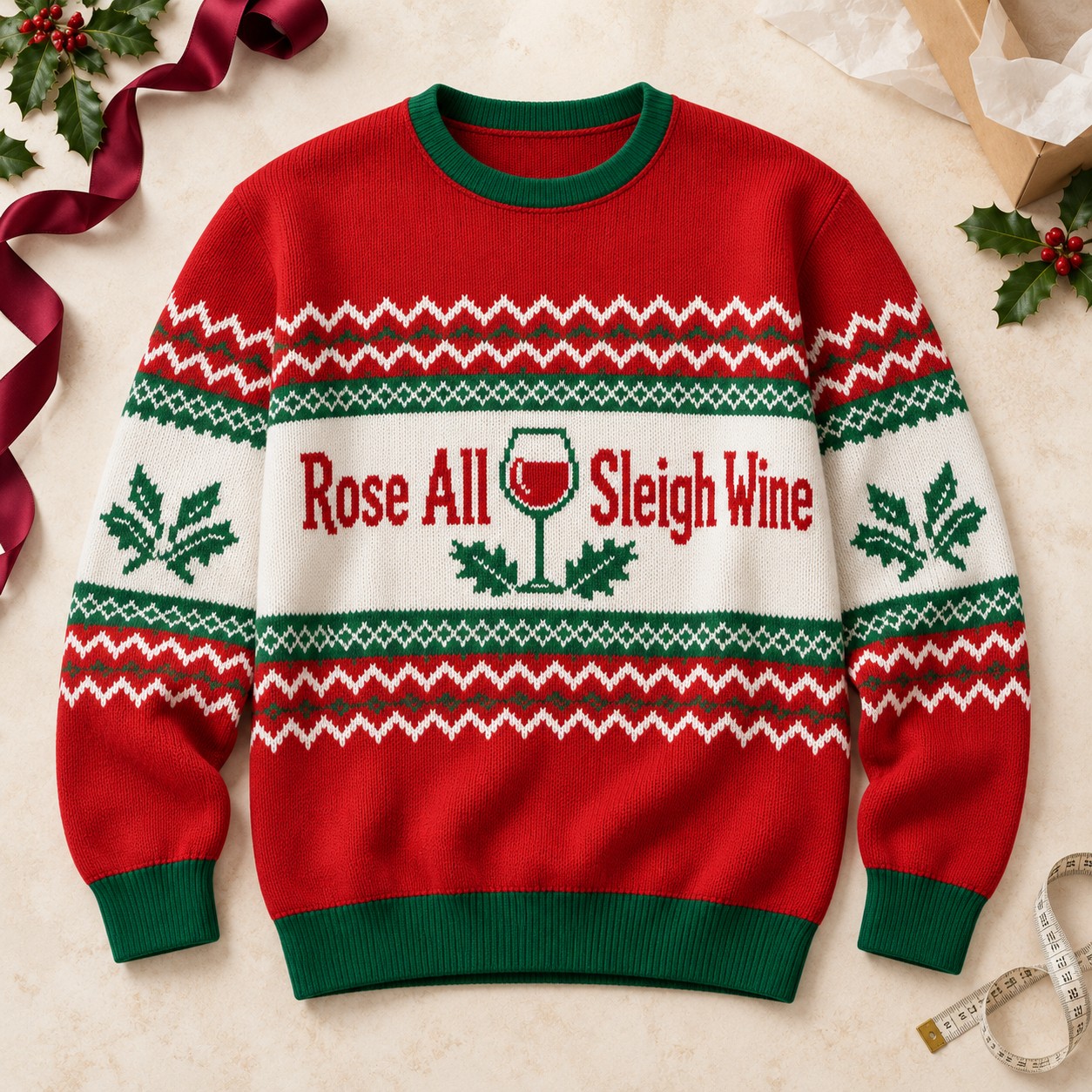 Illustrative finished Rose All Sleigh Wine sweatshirt with holly and ribbon on a pale worktable.
