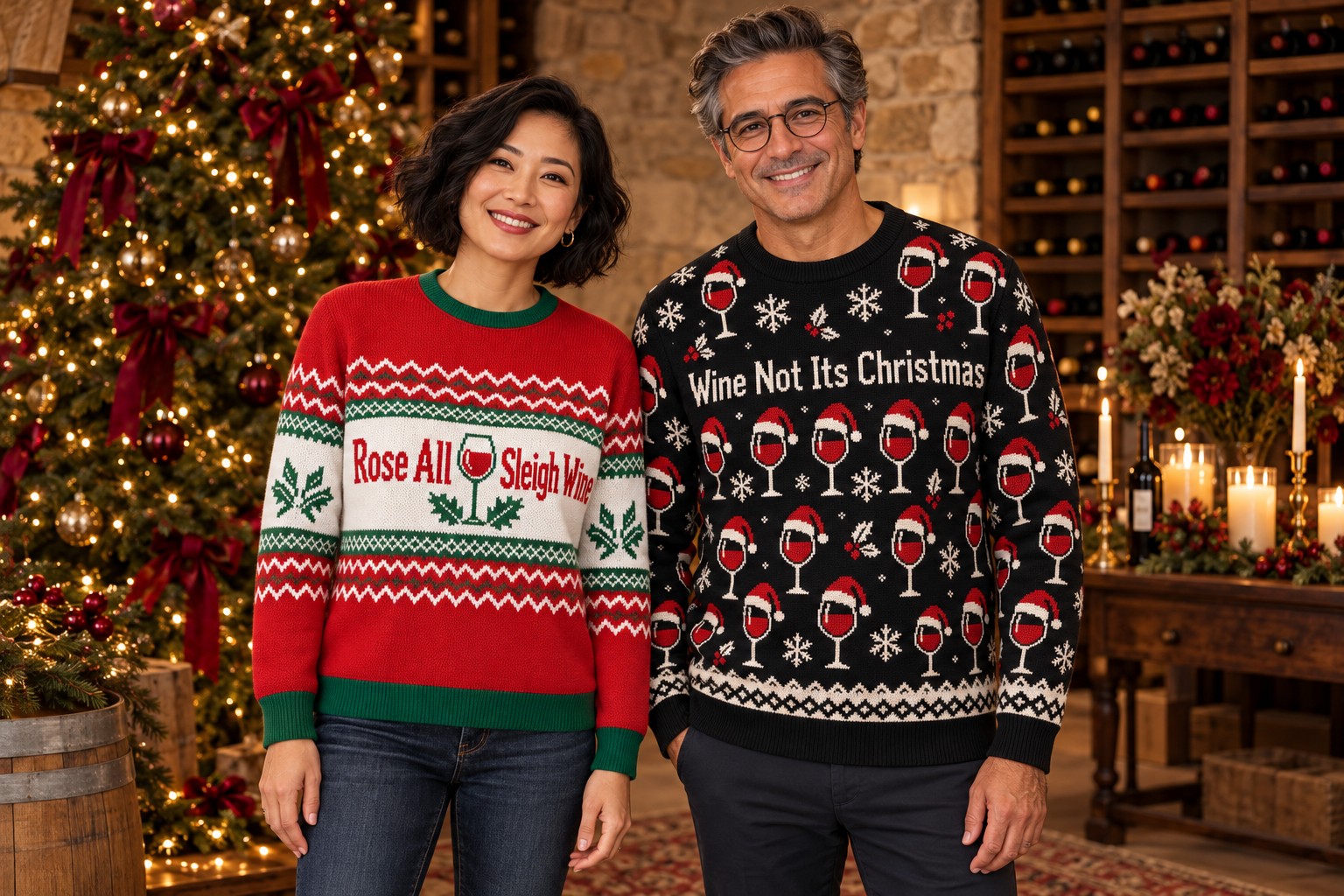Two distinct adult models wear red and black wine-themed Christmas sweatshirts in a warmly decorated winery lounge.