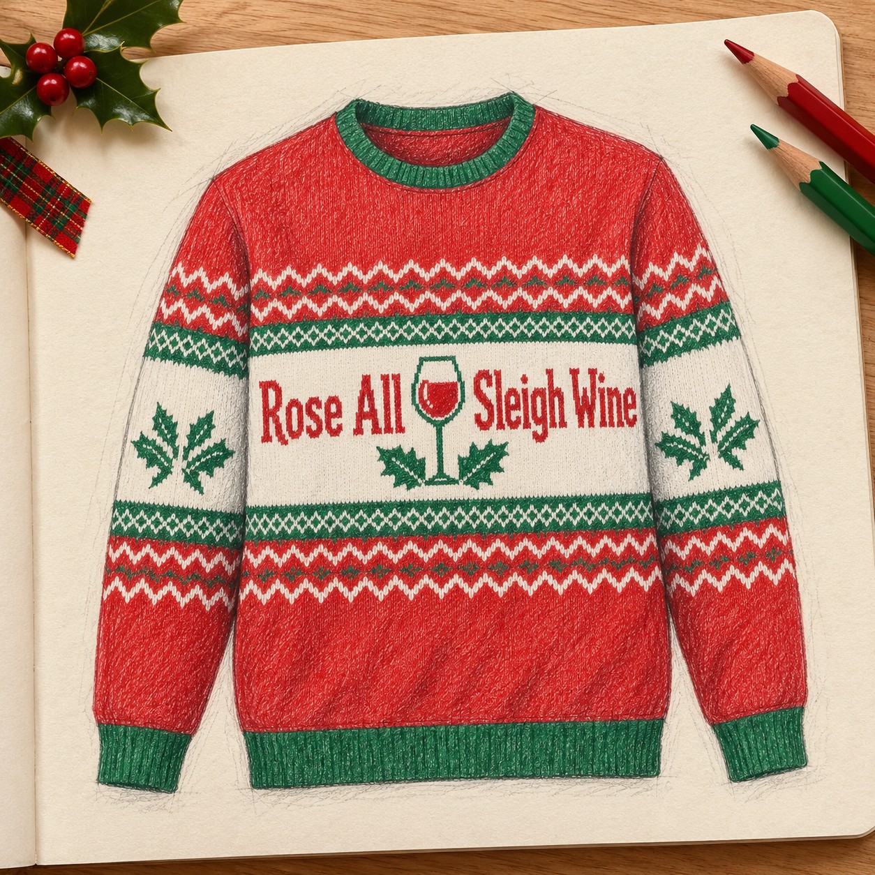 Illustrative pencil sketch of a red Rose All Sleigh Wine Christmas sweatshirt.