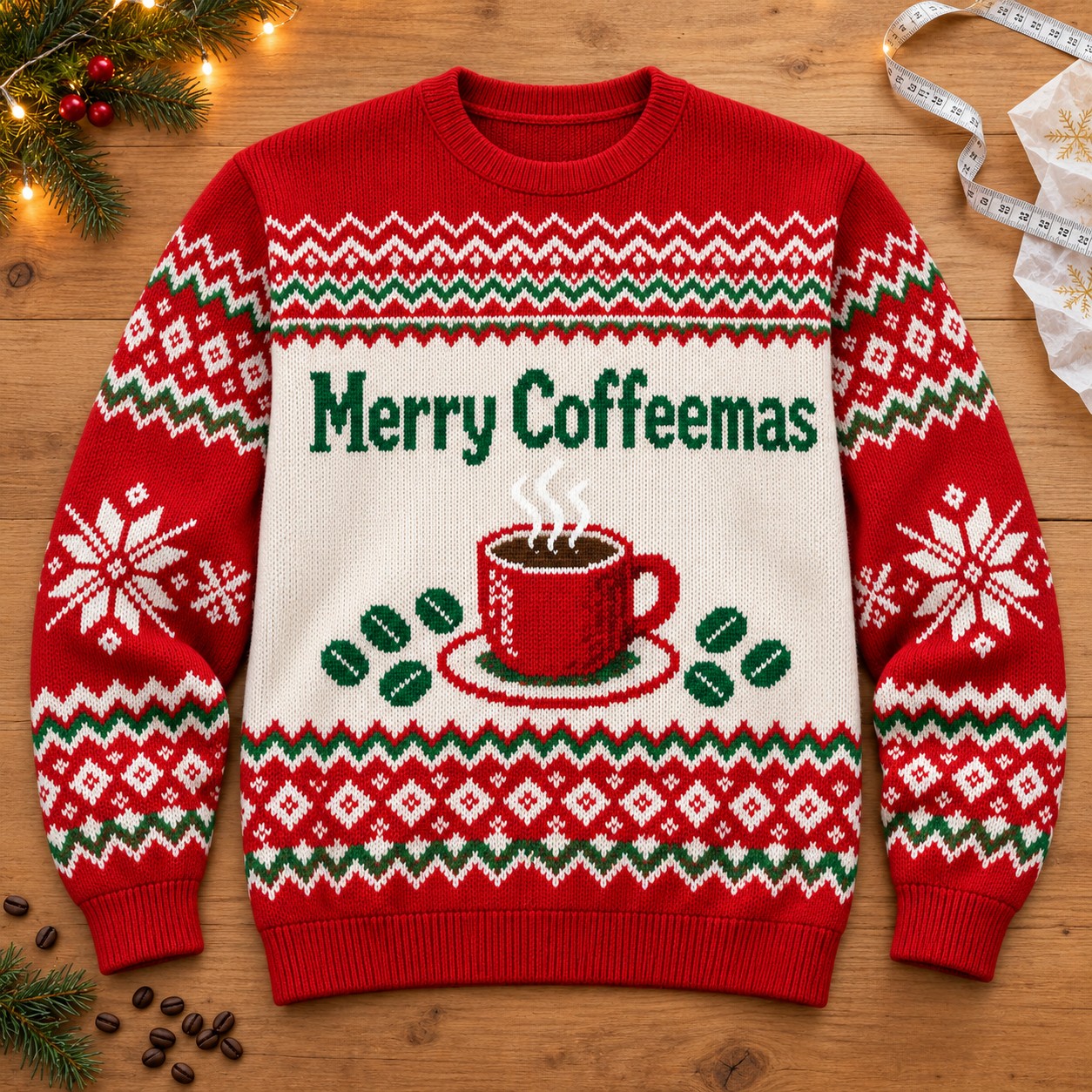 Illustrative finished Merry Coffeemas sweatshirt laid flat on a festive worktable.