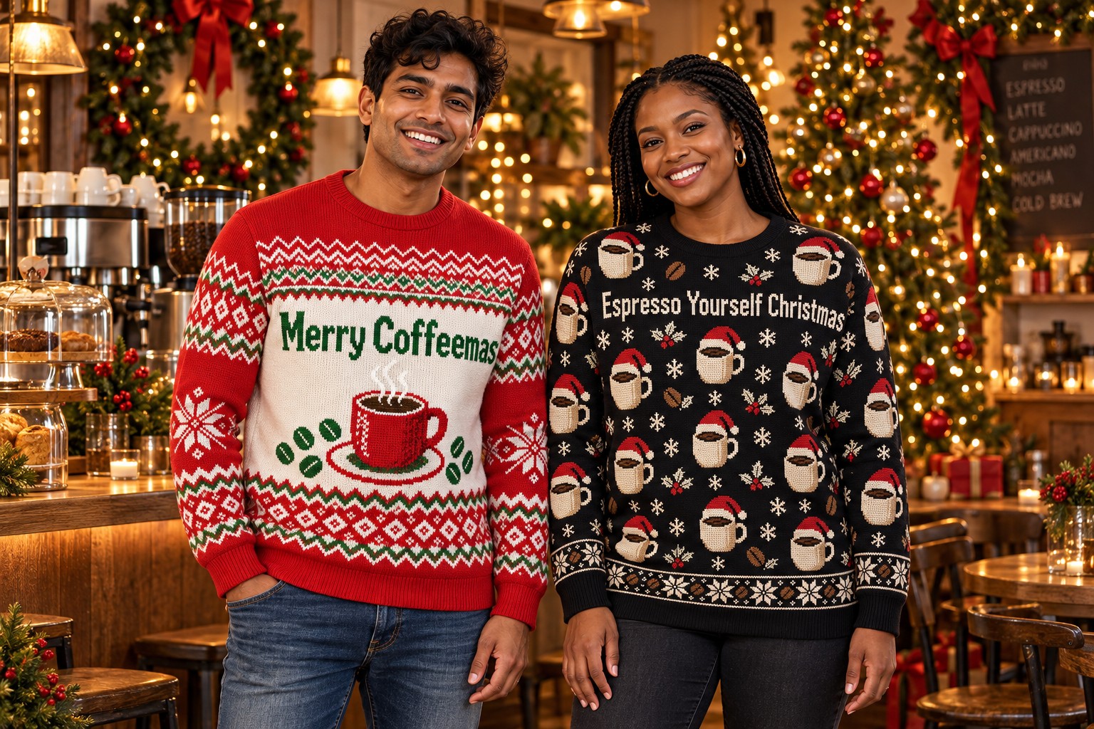 Two adult models wearing coffee-themed Christmas sweatshirts in a festive café.