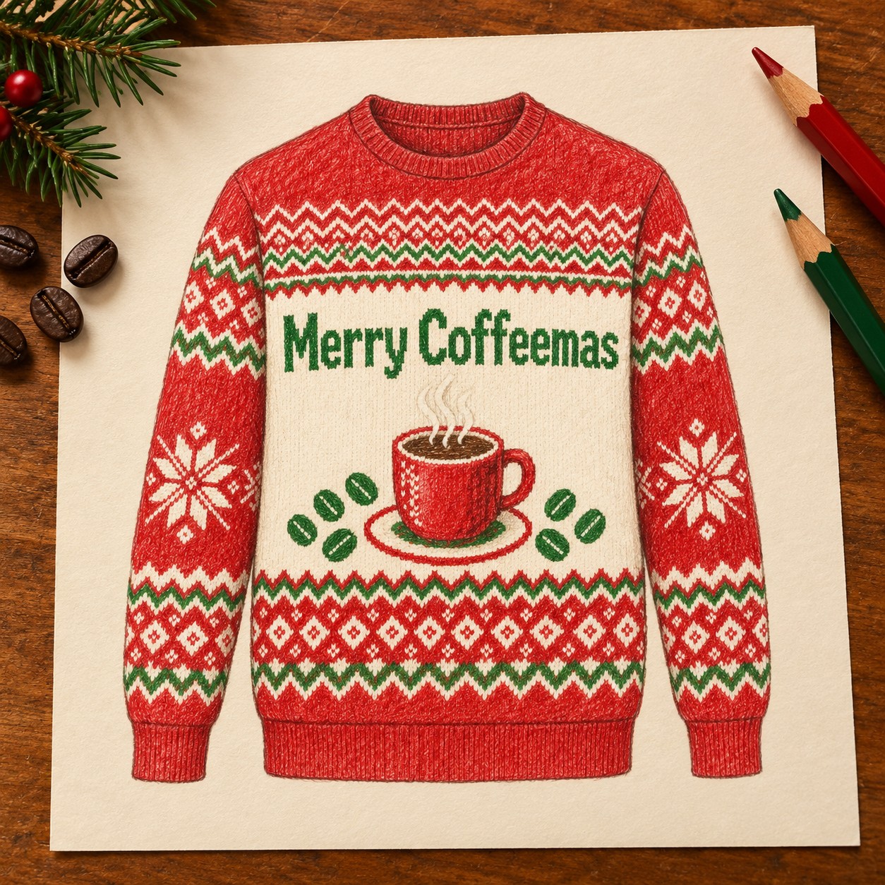 Illustrative colored-pencil concept of the Merry Coffeemas sweatshirt.