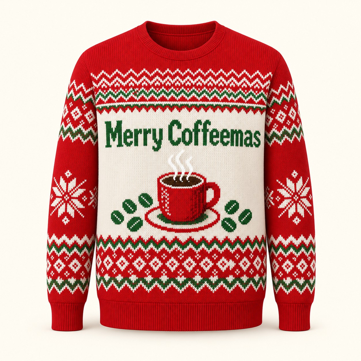 Illustrative digital approval mockup of the Merry Coffeemas sweatshirt.