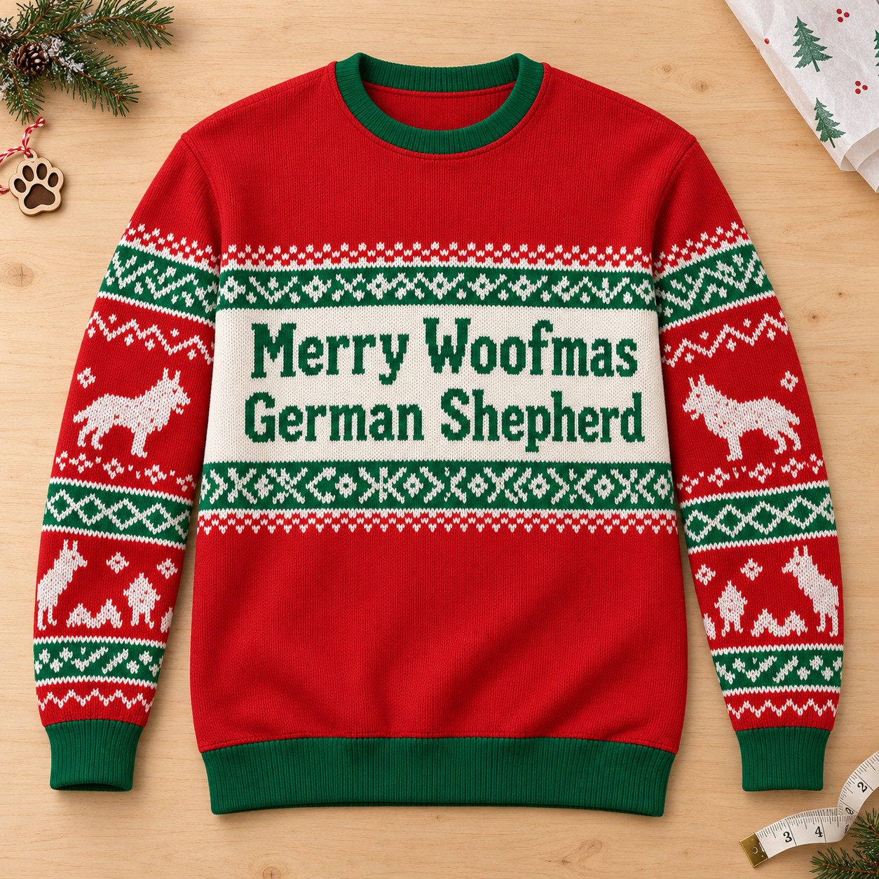 Illustrative Merry Woofmas German Shepherd sweatshirt laid flat on a light worktable.