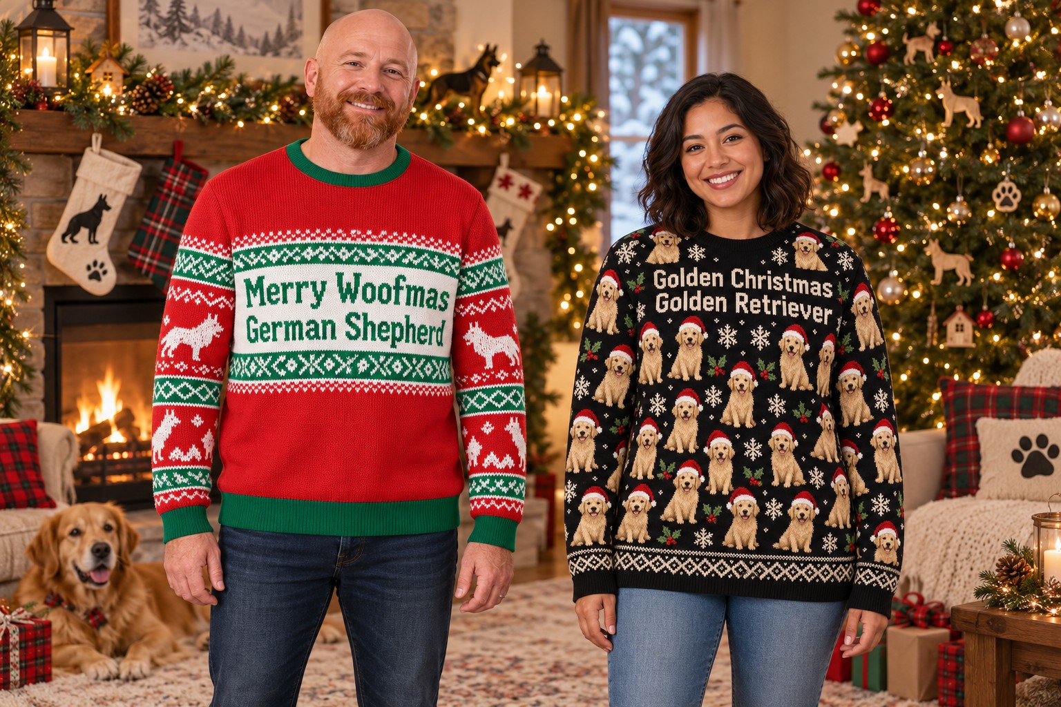 Two adult models in dog-breed Christmas sweatshirts beside festive living-room décor.