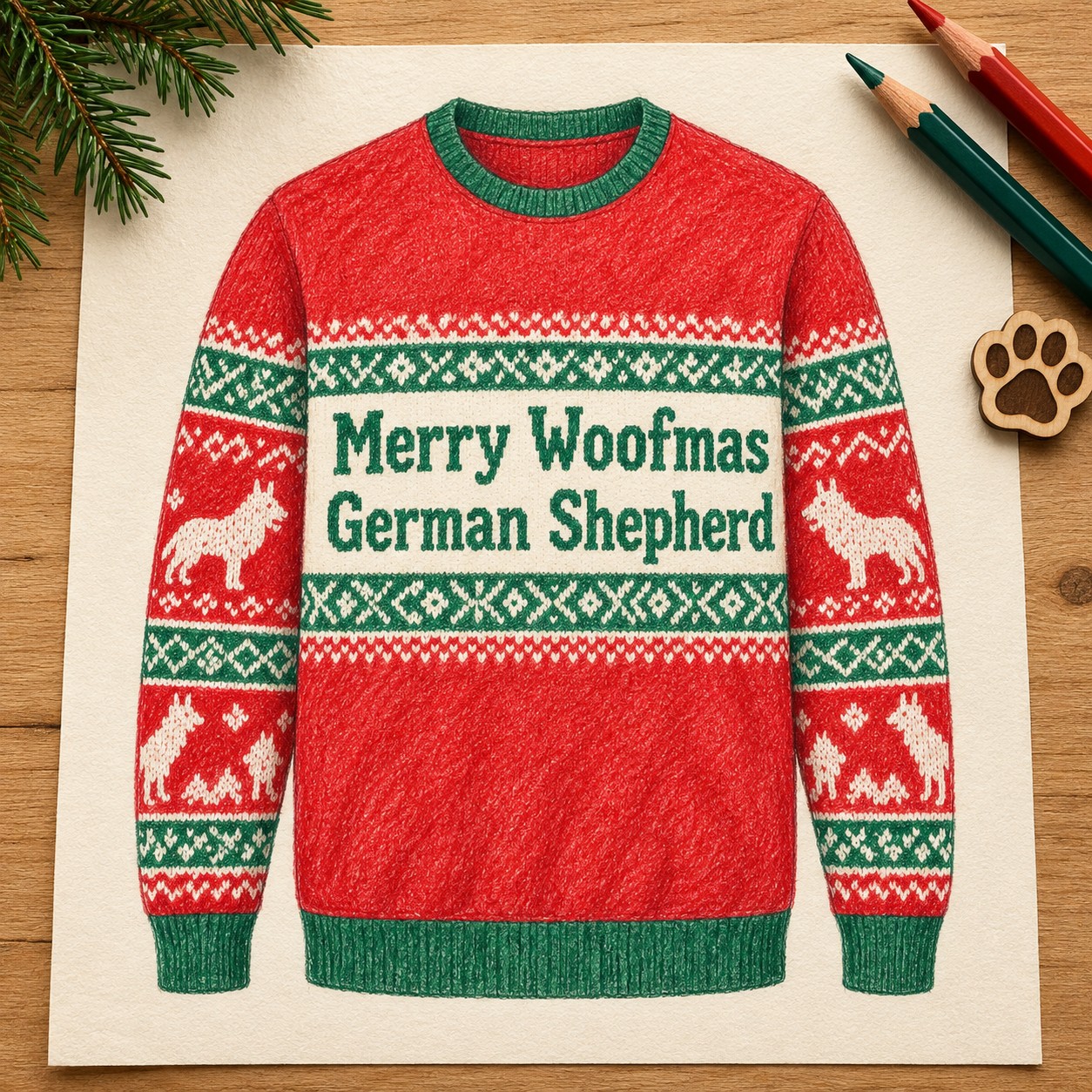 Illustrative pencil concept of the Merry Woofmas German Shepherd sweatshirt.