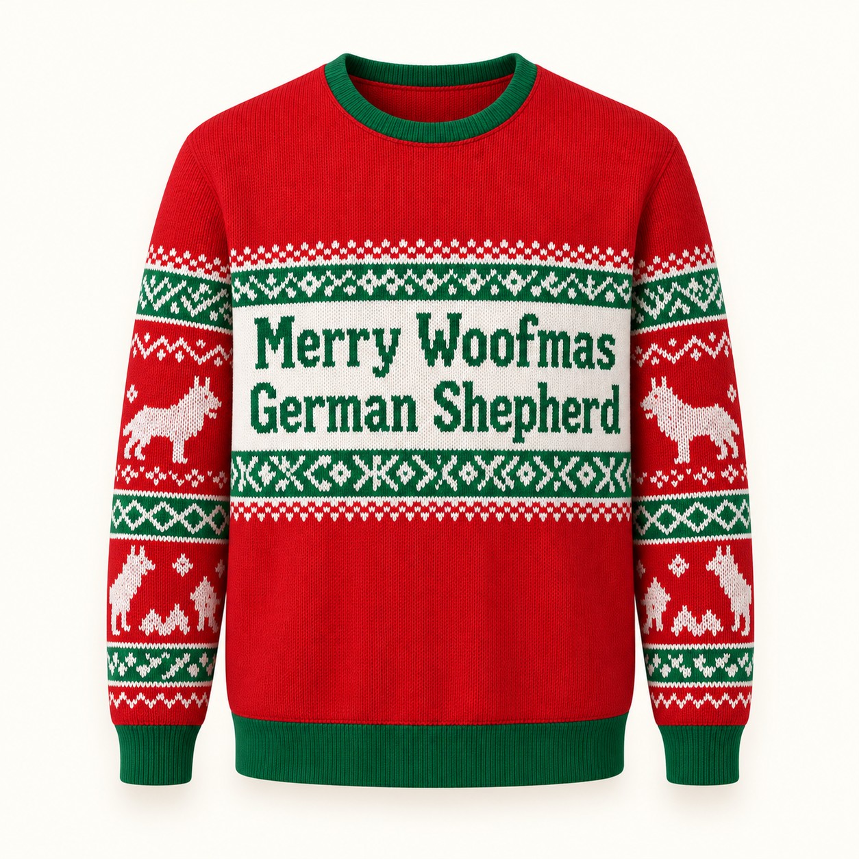 Illustrative digital approval mockup of the Merry Woofmas German Shepherd sweatshirt.