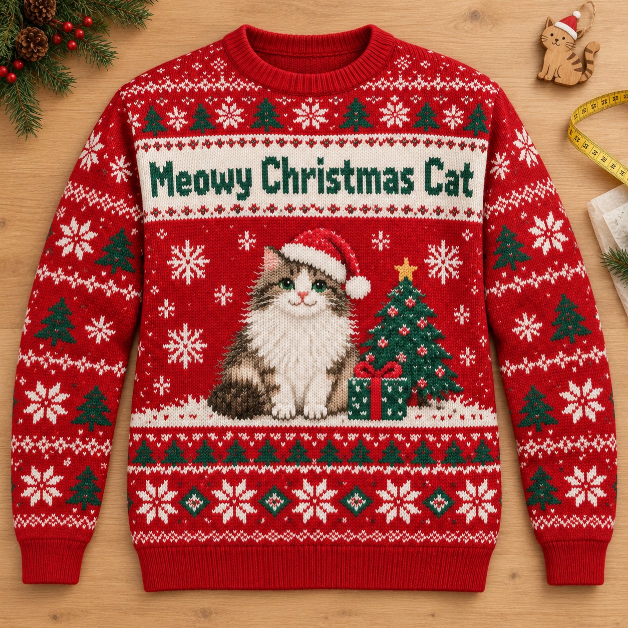 Illustrative finished Meowy Christmas Cat sweatshirt on a light festive worktable.