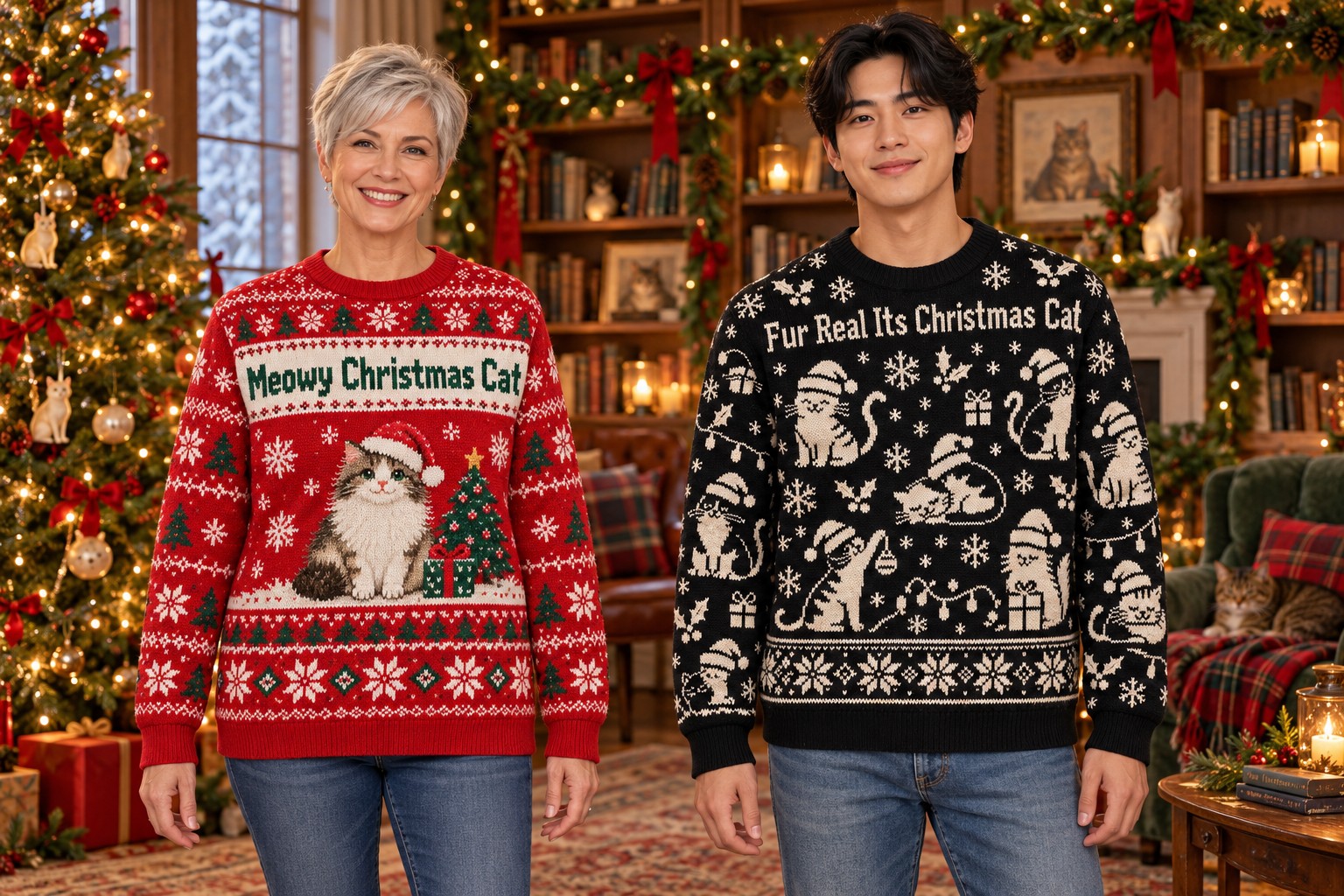 Two distinct adult models wearing cat-themed Christmas sweatshirts in a decorated reading room.