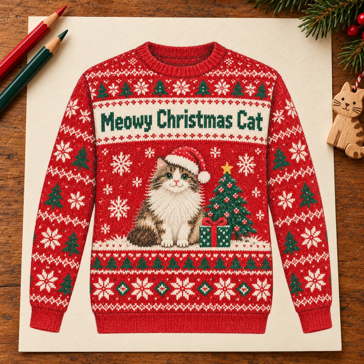 Illustrative pencil concept of the Meowy Christmas Cat sweatshirt.