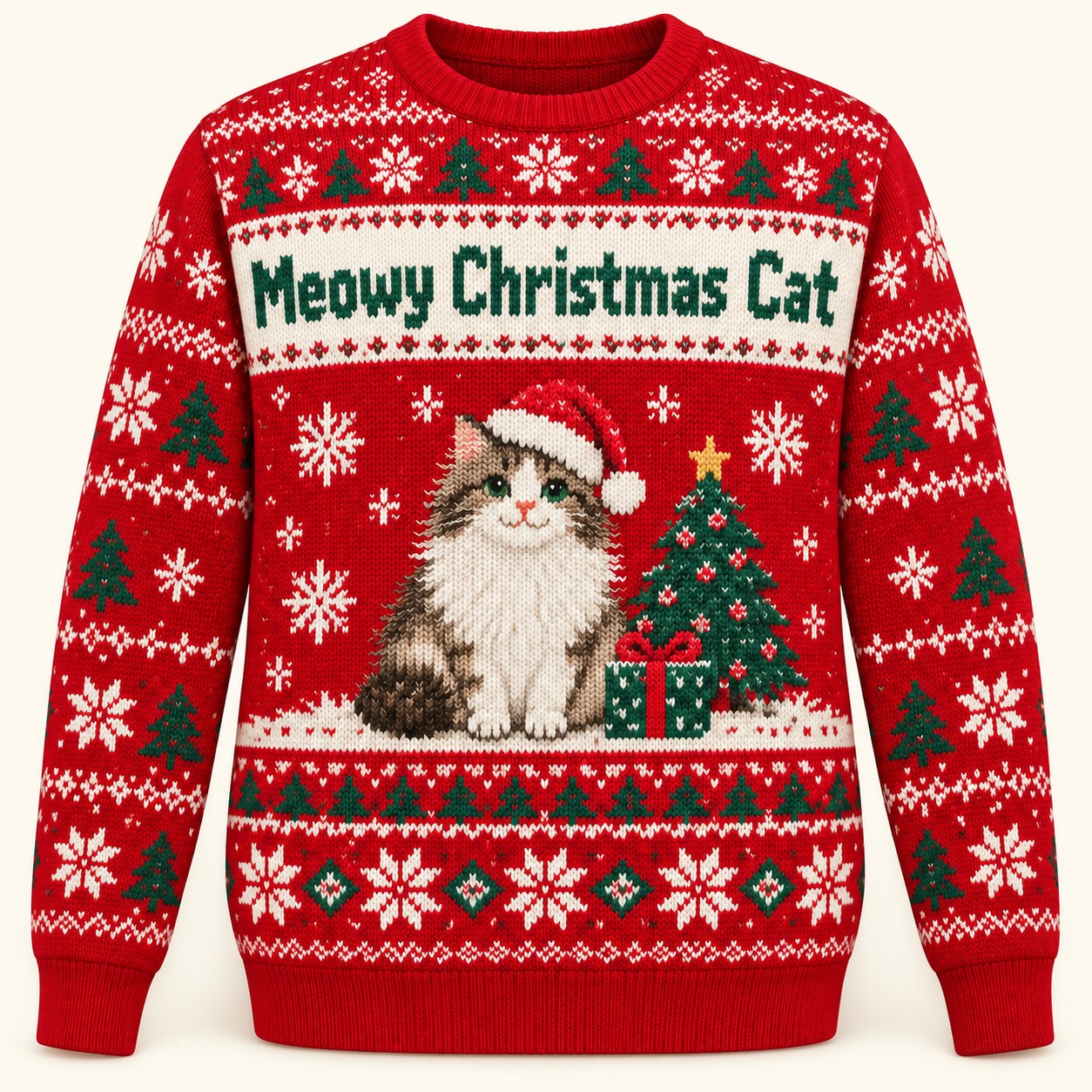 Illustrative digital approval mockup of the Meowy Christmas Cat sweatshirt.