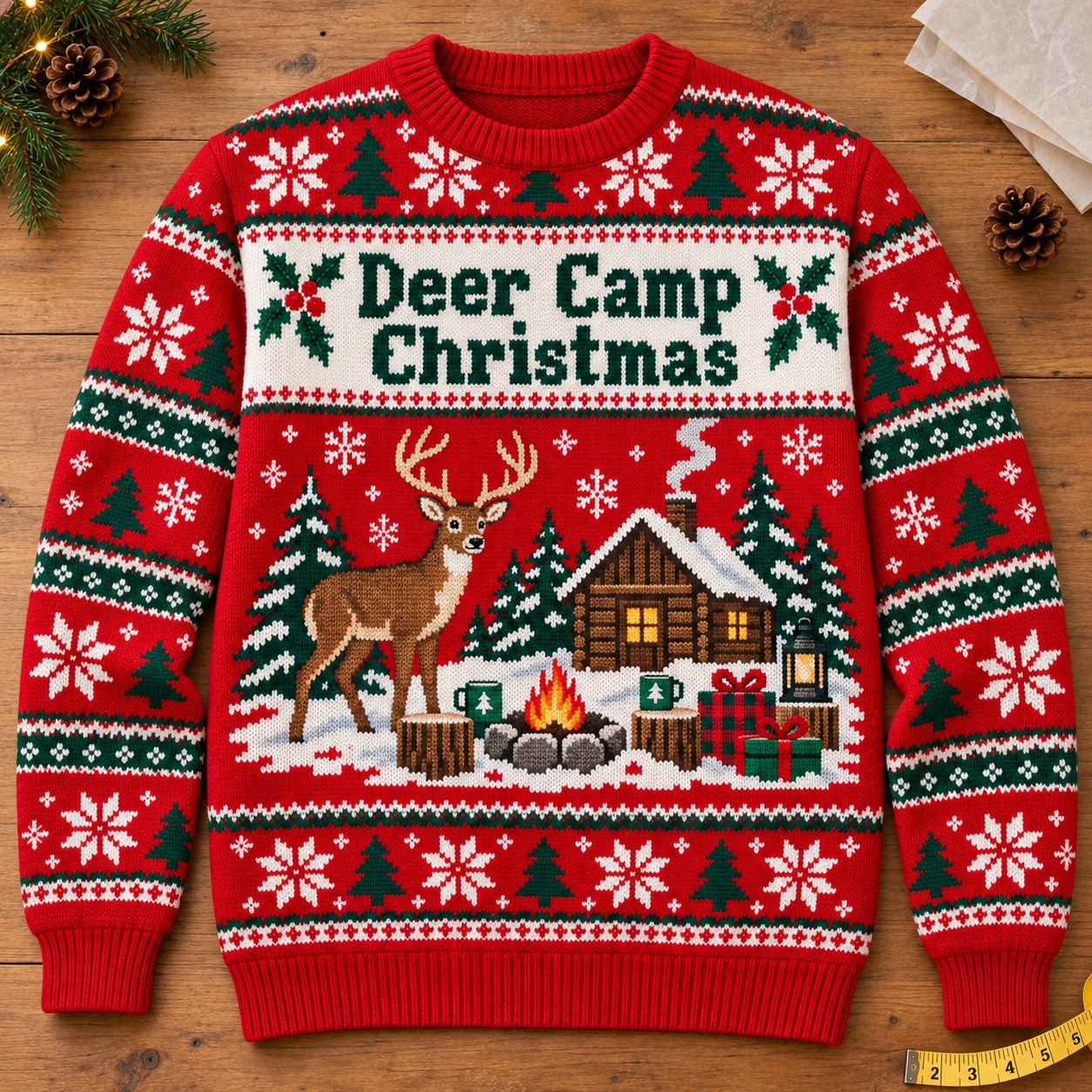Illustrative finished Deer Camp Christmas sweatshirt laid on a festive worktable.
