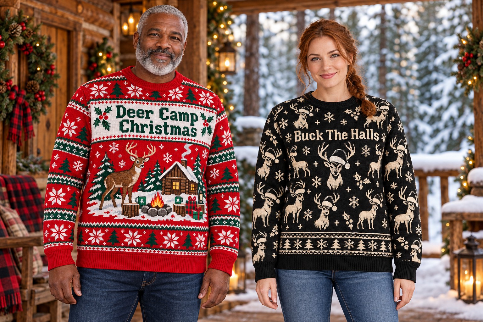 Two adult models in deer-themed Christmas sweatshirts on a decorated snowy cabin porch.