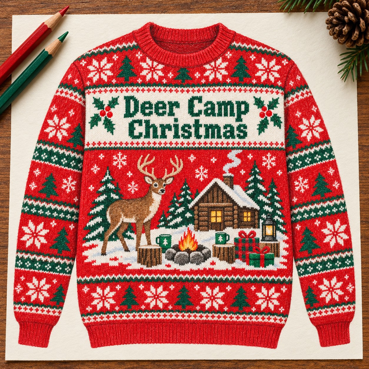 Illustrative pencil concept of the Deer Camp Christmas sweatshirt.