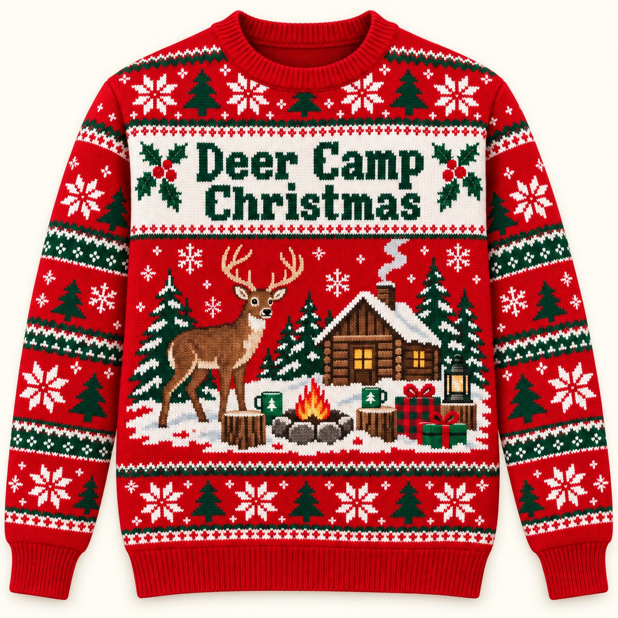 Illustrative digital approval mockup of the Deer Camp Christmas sweatshirt.
