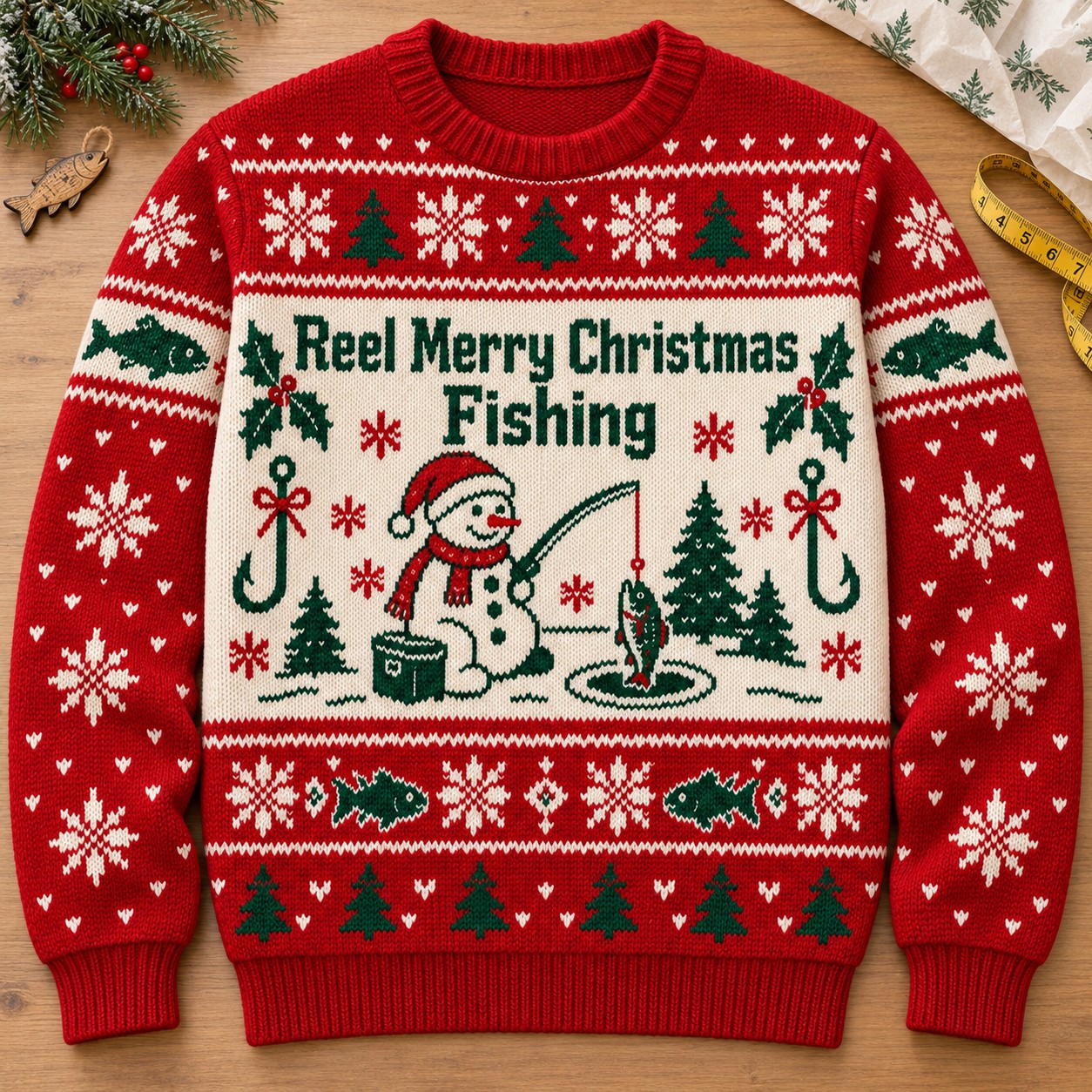 Illustrative finished Reel Merry Christmas Fishing sweatshirt laid flat on a festive worktable.