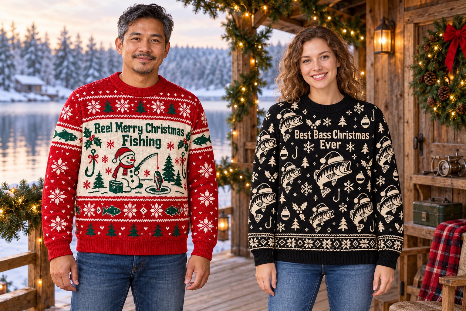 Two adults wearing fishing-themed Christmas sweatshirts beside a festive winter lakeside boathouse.