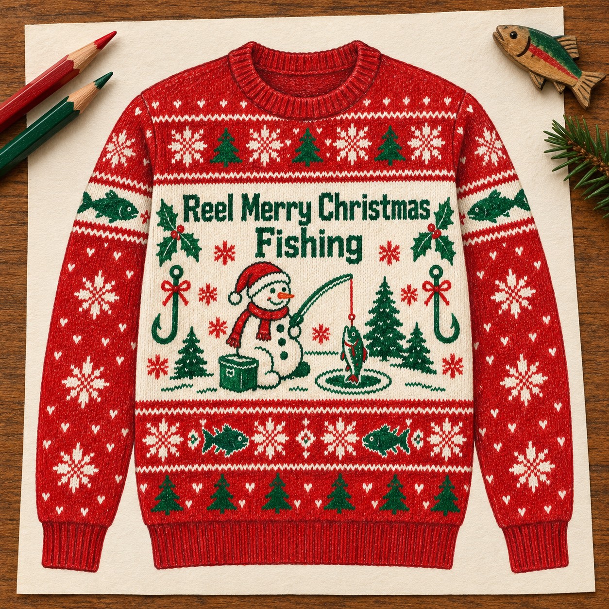 Illustrative pencil concept of the Reel Merry Christmas Fishing sweatshirt.