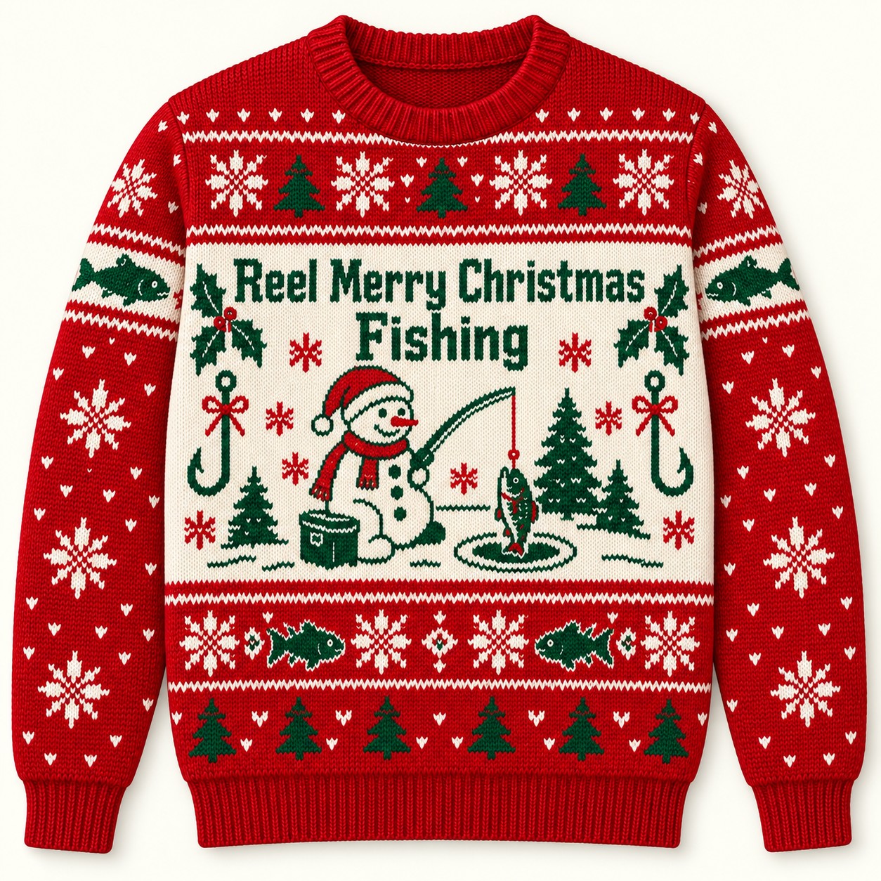 Illustrative digital approval mockup of the Reel Merry Christmas Fishing sweatshirt.