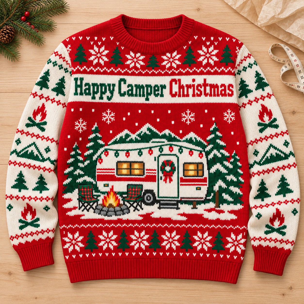 Illustrative finished Happy Camper Christmas sweatshirt on a pale wooden worktable.
