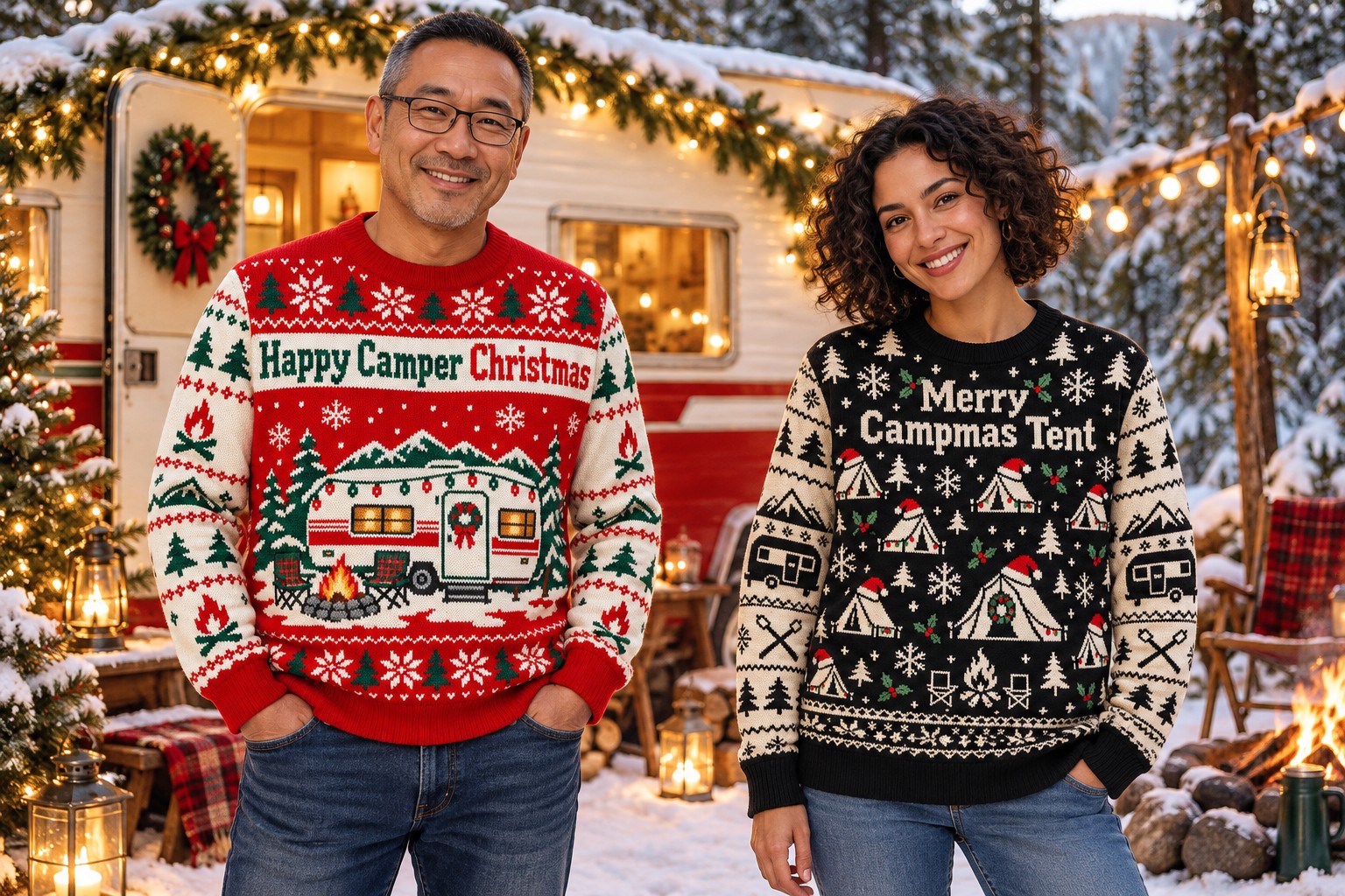 Two adult models wear camping Christmas sweatshirts beside a festive camper in a snowy pine campsite.