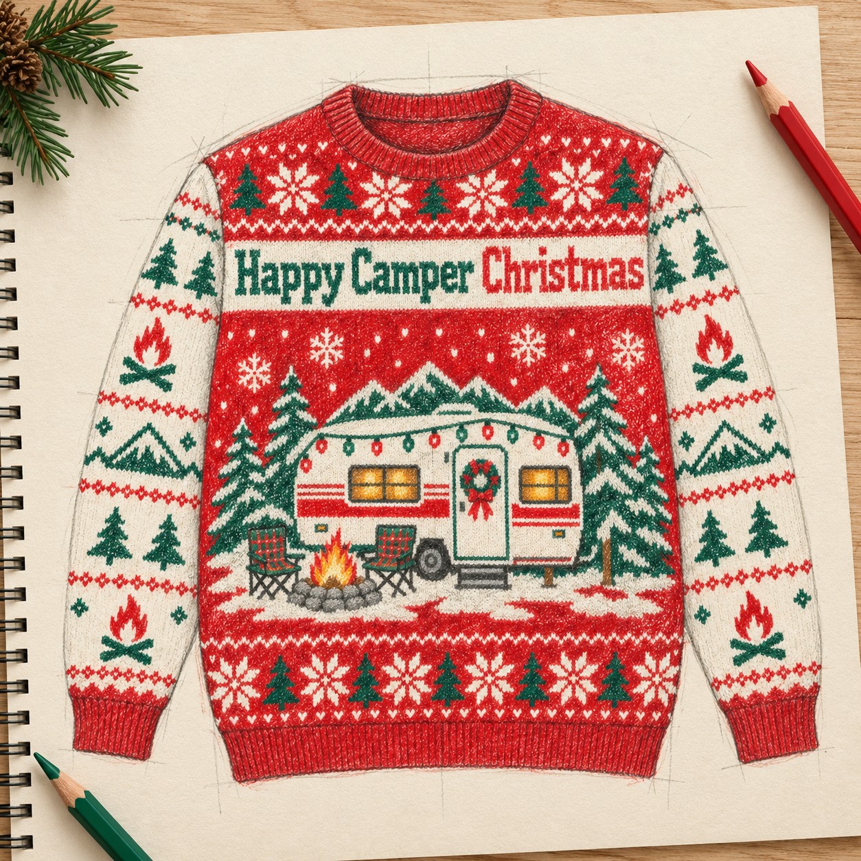 Illustrative colored-pencil sketch of the Happy Camper Christmas sweatshirt.