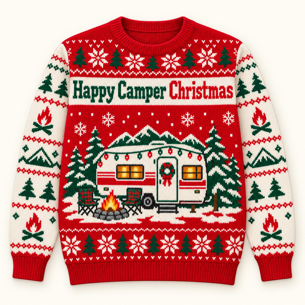 Illustrative digital front mockup of the Happy Camper Christmas sweatshirt.