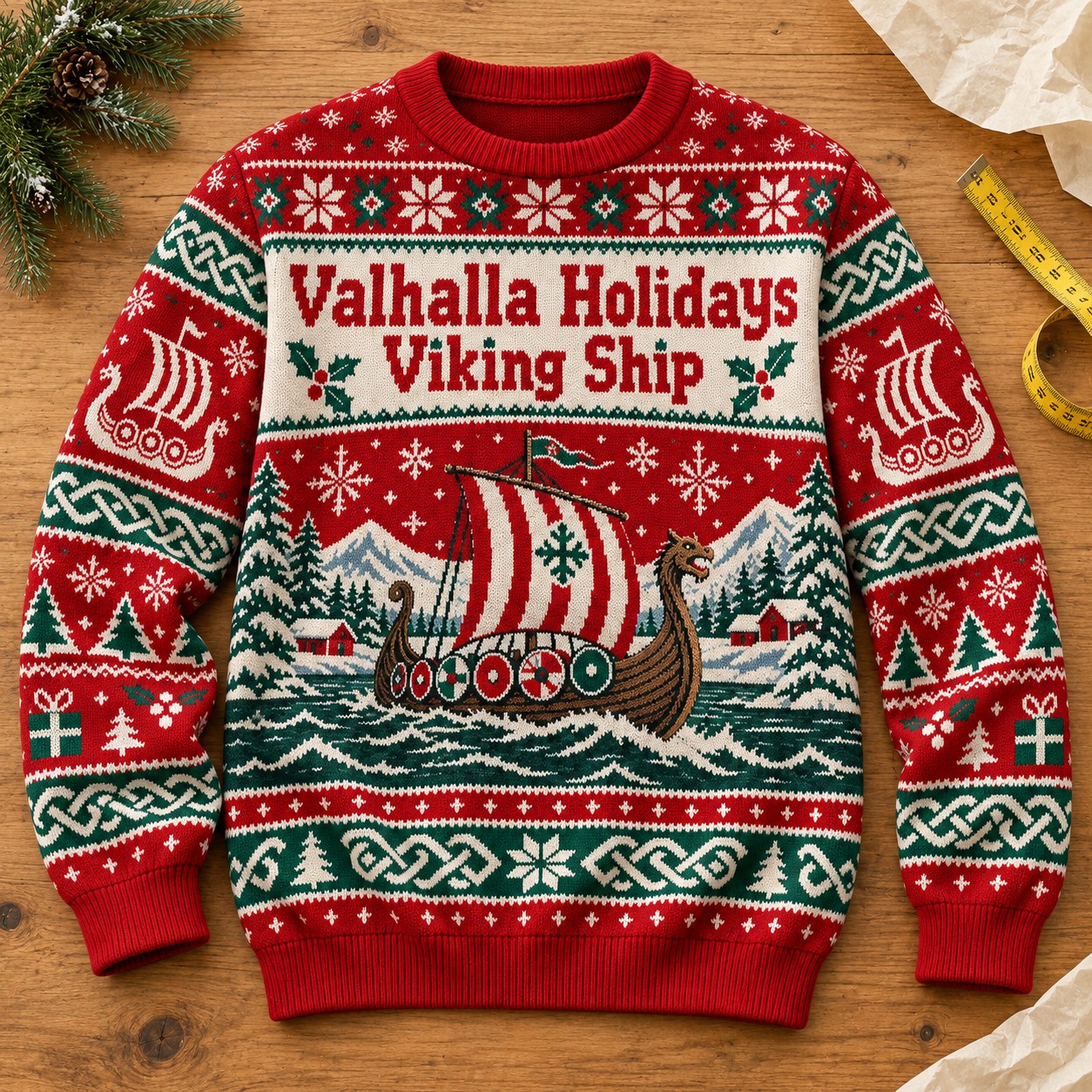 Illustrative finished Valhalla Holidays Viking Ship sweatshirt on a light worktable.