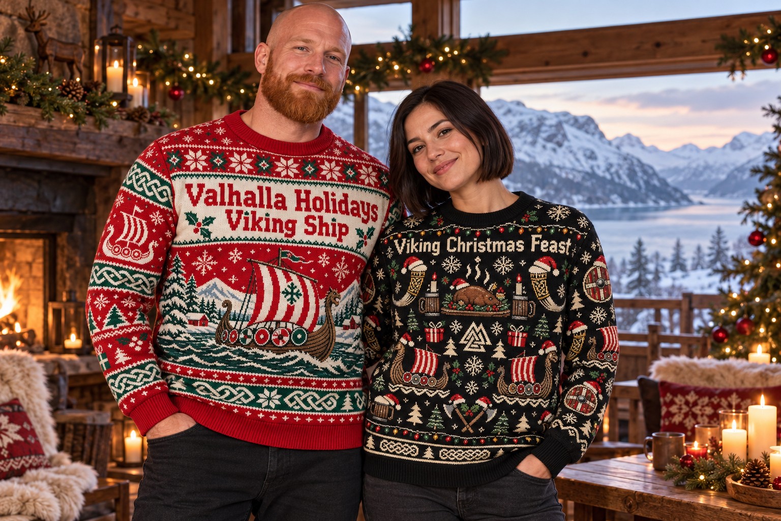 Two adults wearing Viking Christmas sweatshirts in a festive Nordic lodge.